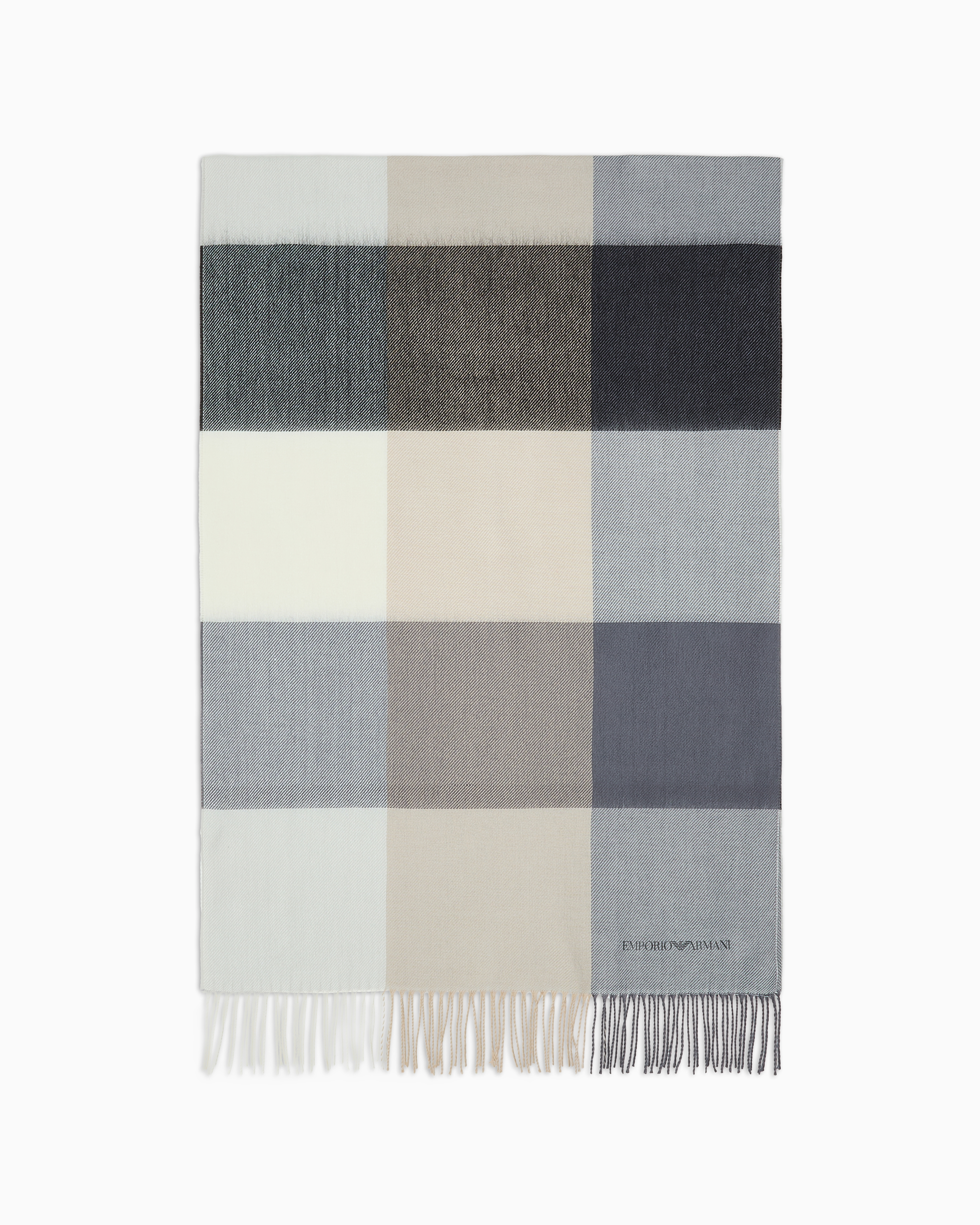 Emporio Armani Official Store Fringed Scarf With Check Motif In Brown