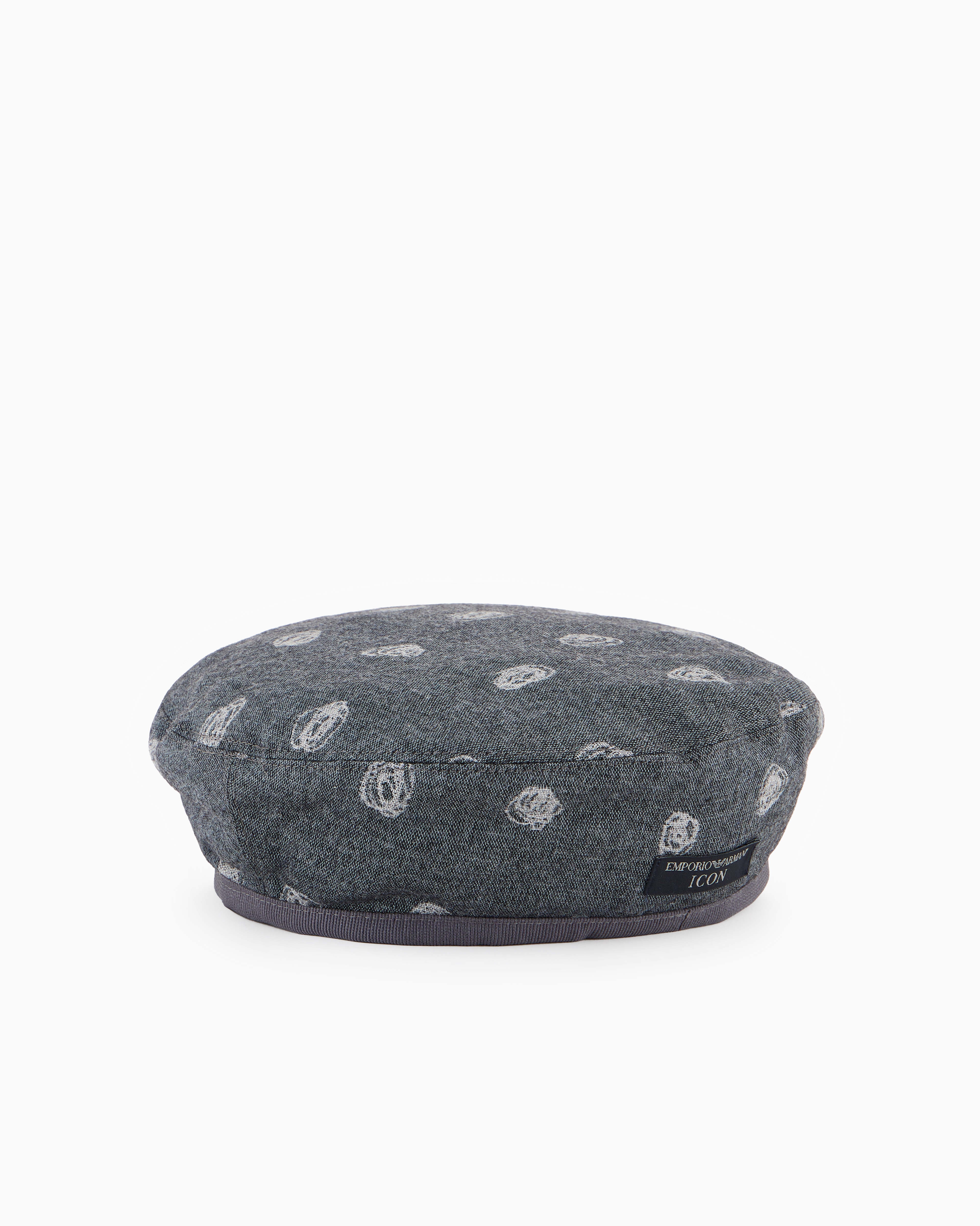 Emporio Armani Official Store Virgin Wool Blend Beret With An Icon All-over Abstract Pattern In Gray