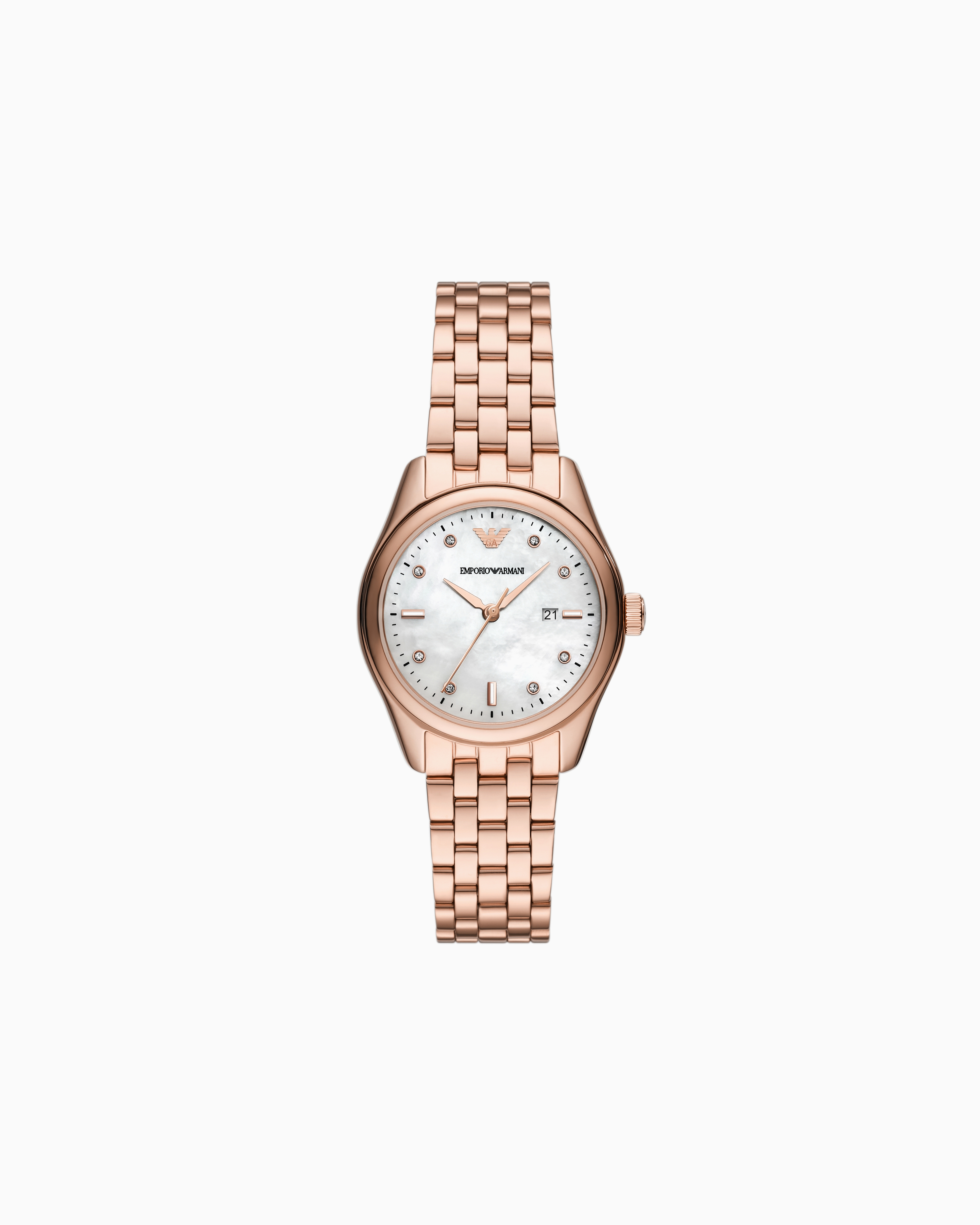 EMPORIO ARMANI THREE-HAND DATE ROSE GOLD-TONE STAINLESS STEEL WATCH 