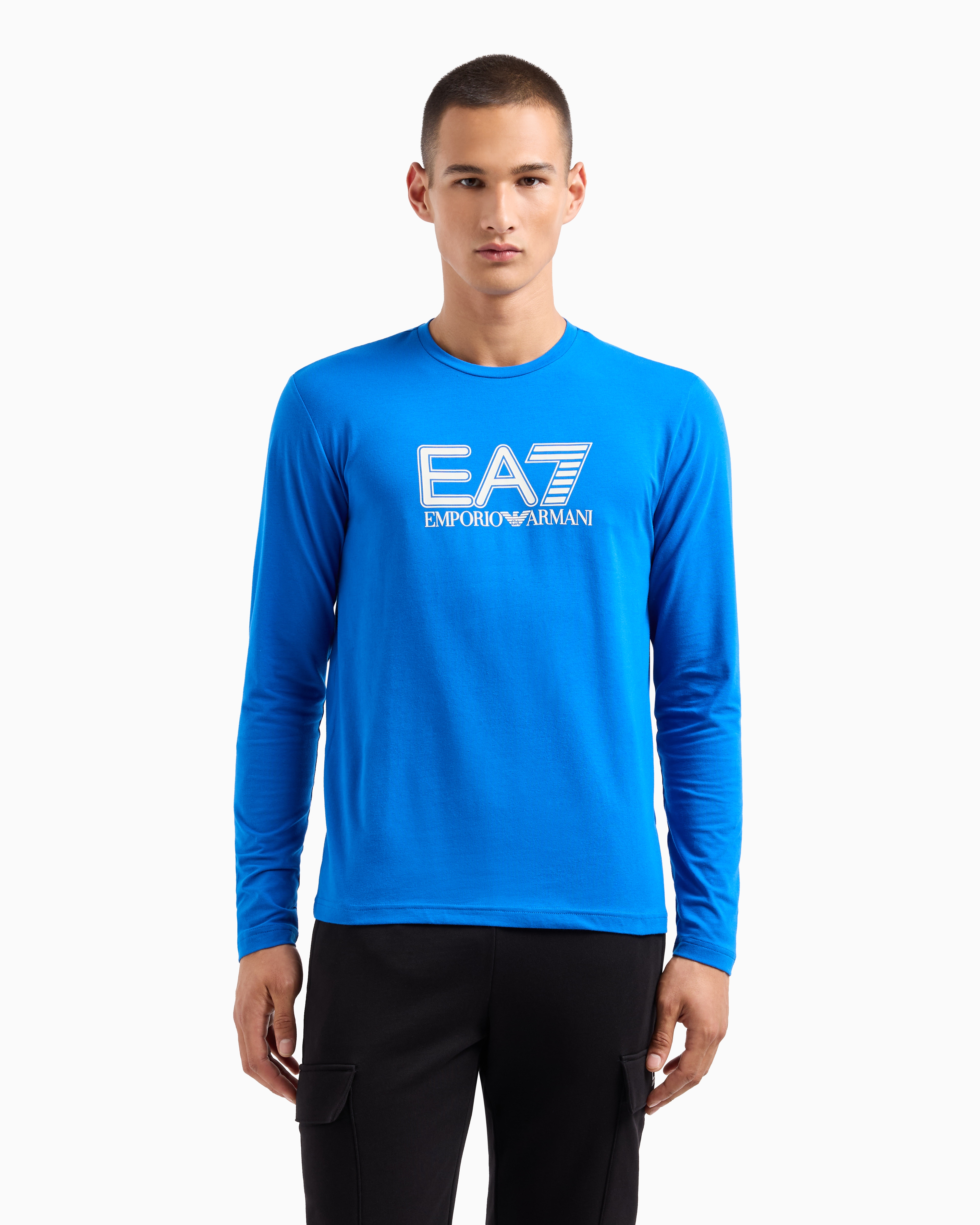 Shop Ea7 Visibility Stretch-cotton Long-sleeved Crew-neck T-shirt In Electric Blue