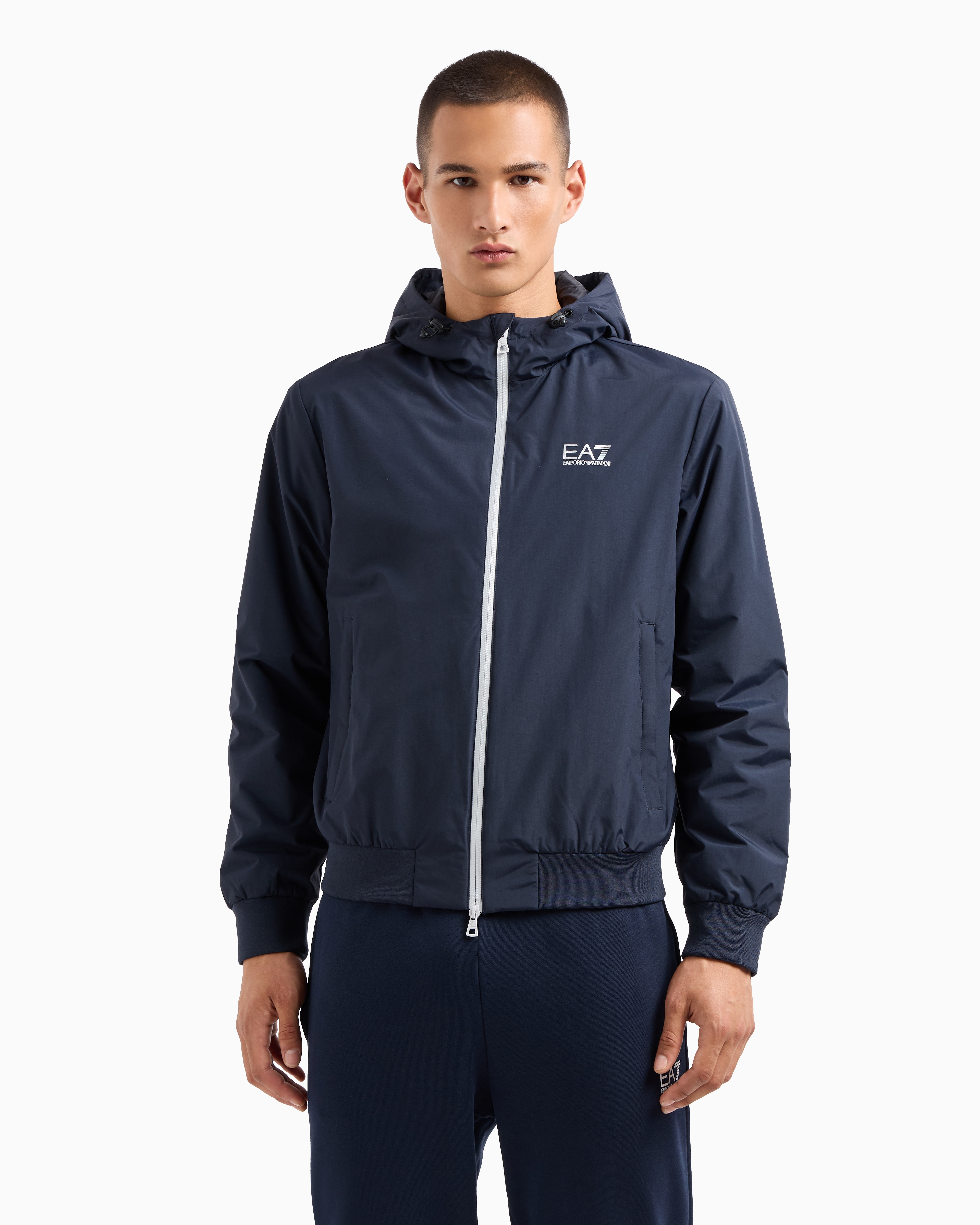 Ea7 Core Identity Hooded Bomber In Technical Fabric In Marineblau