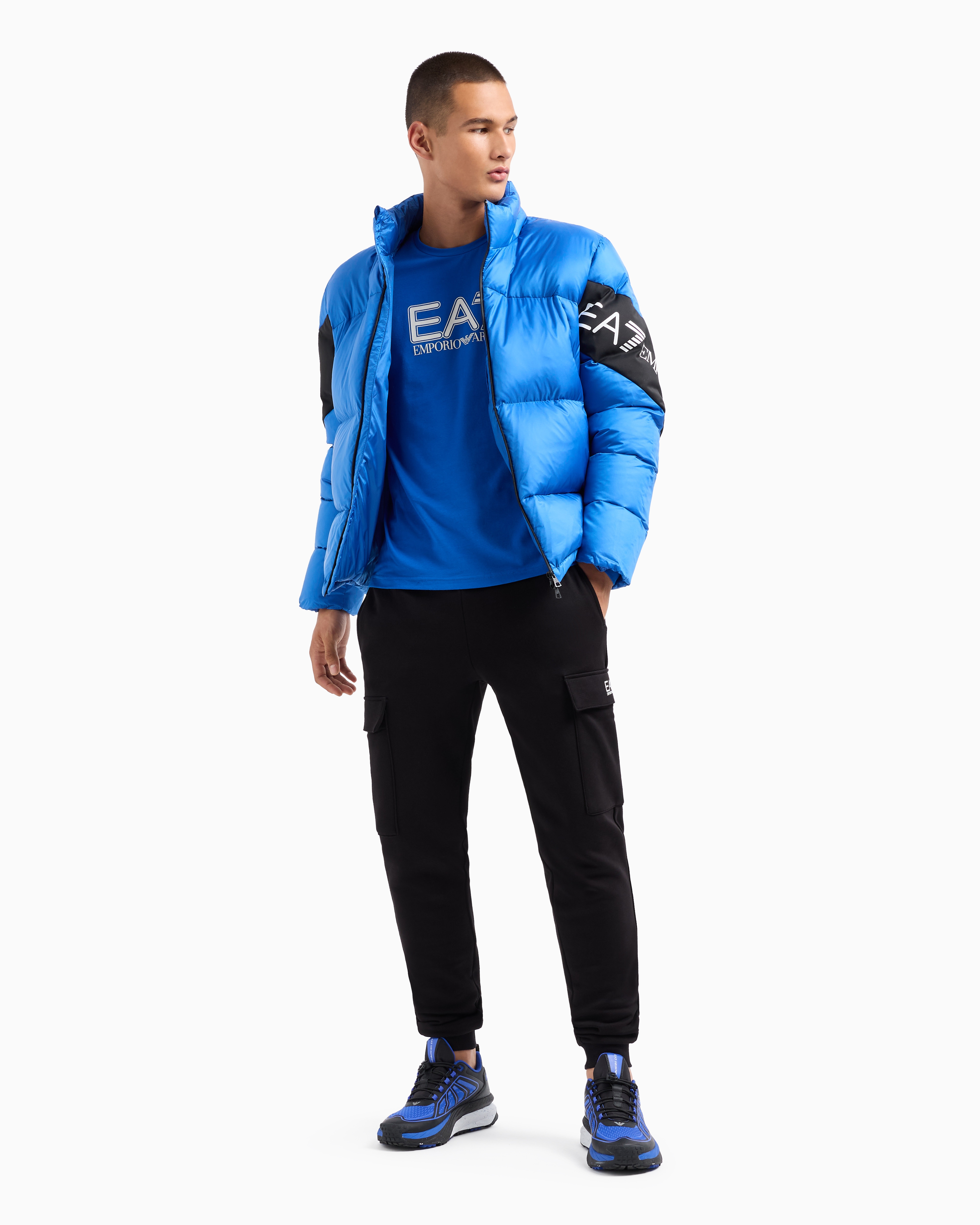 Shop Ea7 Visibility Stretch-cotton Long-sleeved Crew-neck T-shirt In Electric Blue