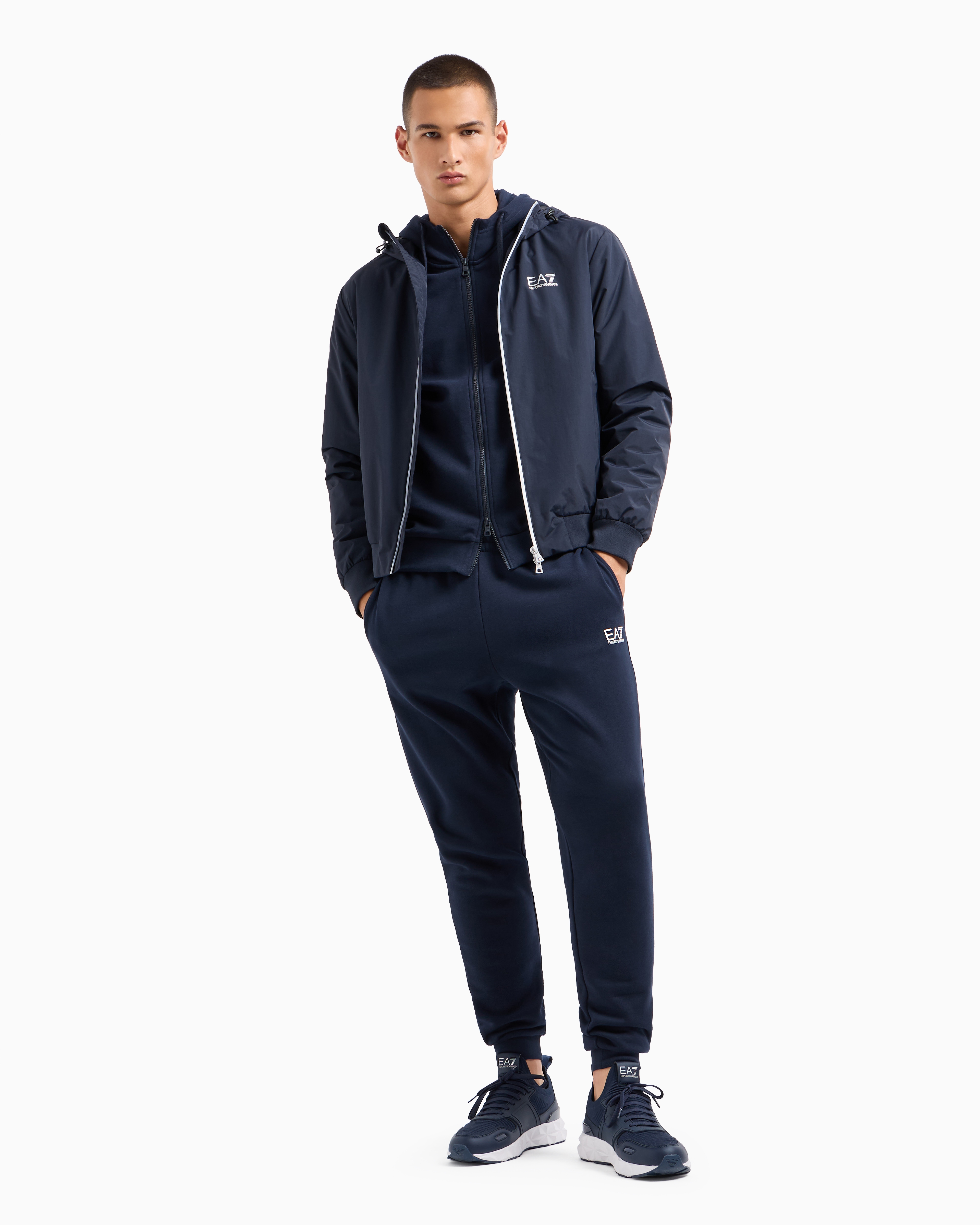 Ea7 Core Identity Hooded Bomber In Technical Fabric In Marineblau