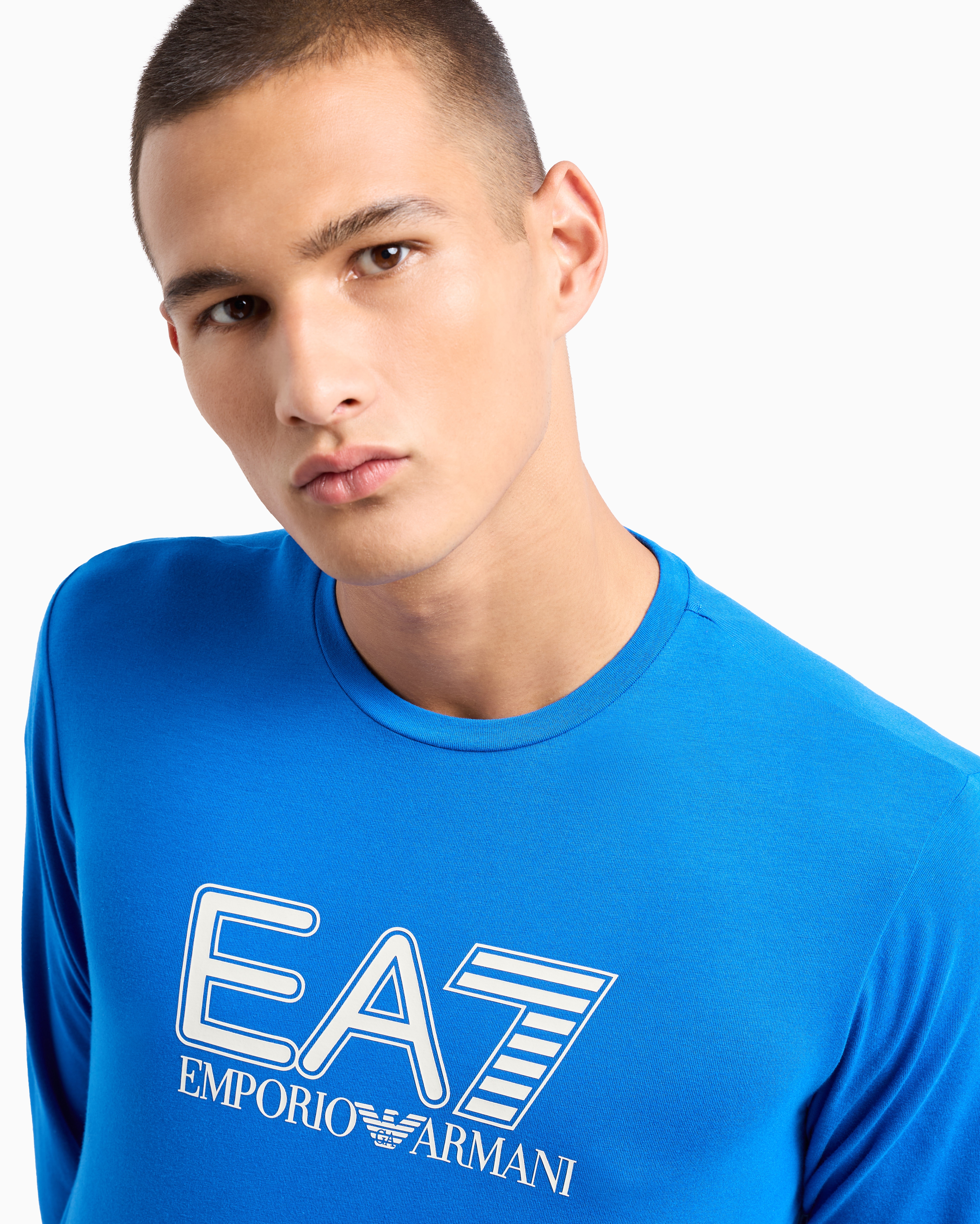 Shop Ea7 Visibility Stretch-cotton Long-sleeved Crew-neck T-shirt In Electric Blue