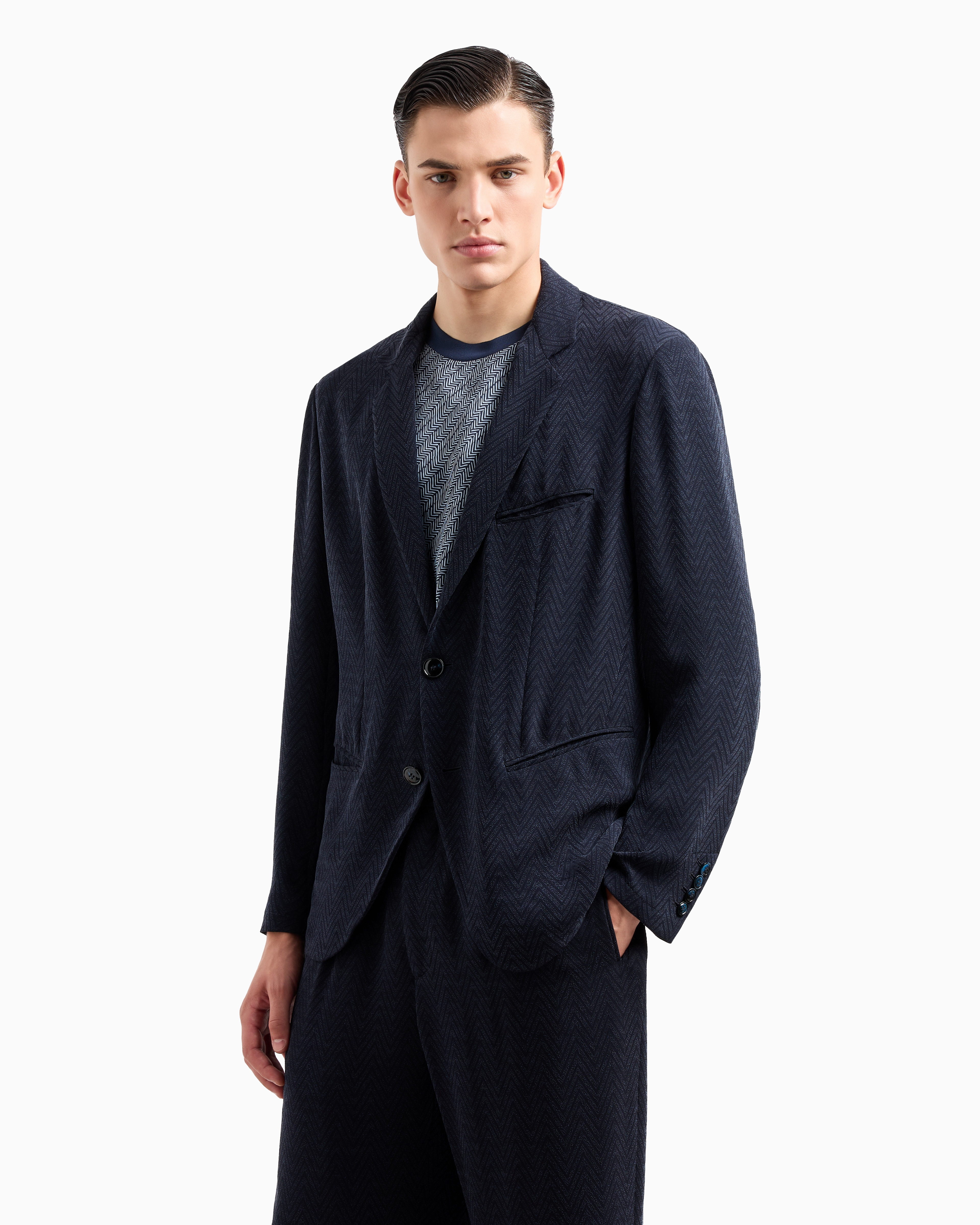 Shop Giorgio Armani Single-breasted Jacket In Chevron Cupro And Viscose In Blue