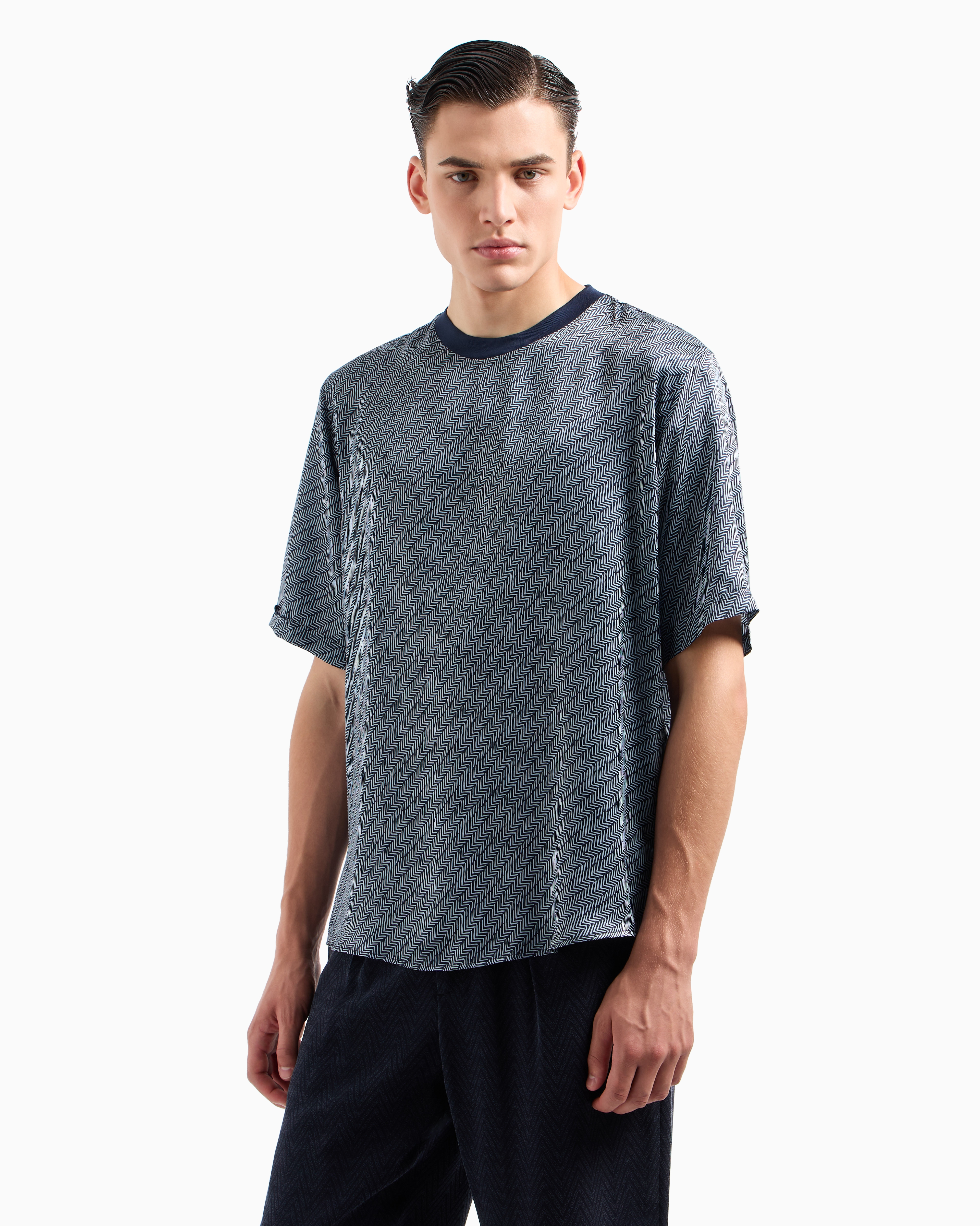 Giorgio Armani T-shirt Shirt In Chevron-print Silk In Patterned