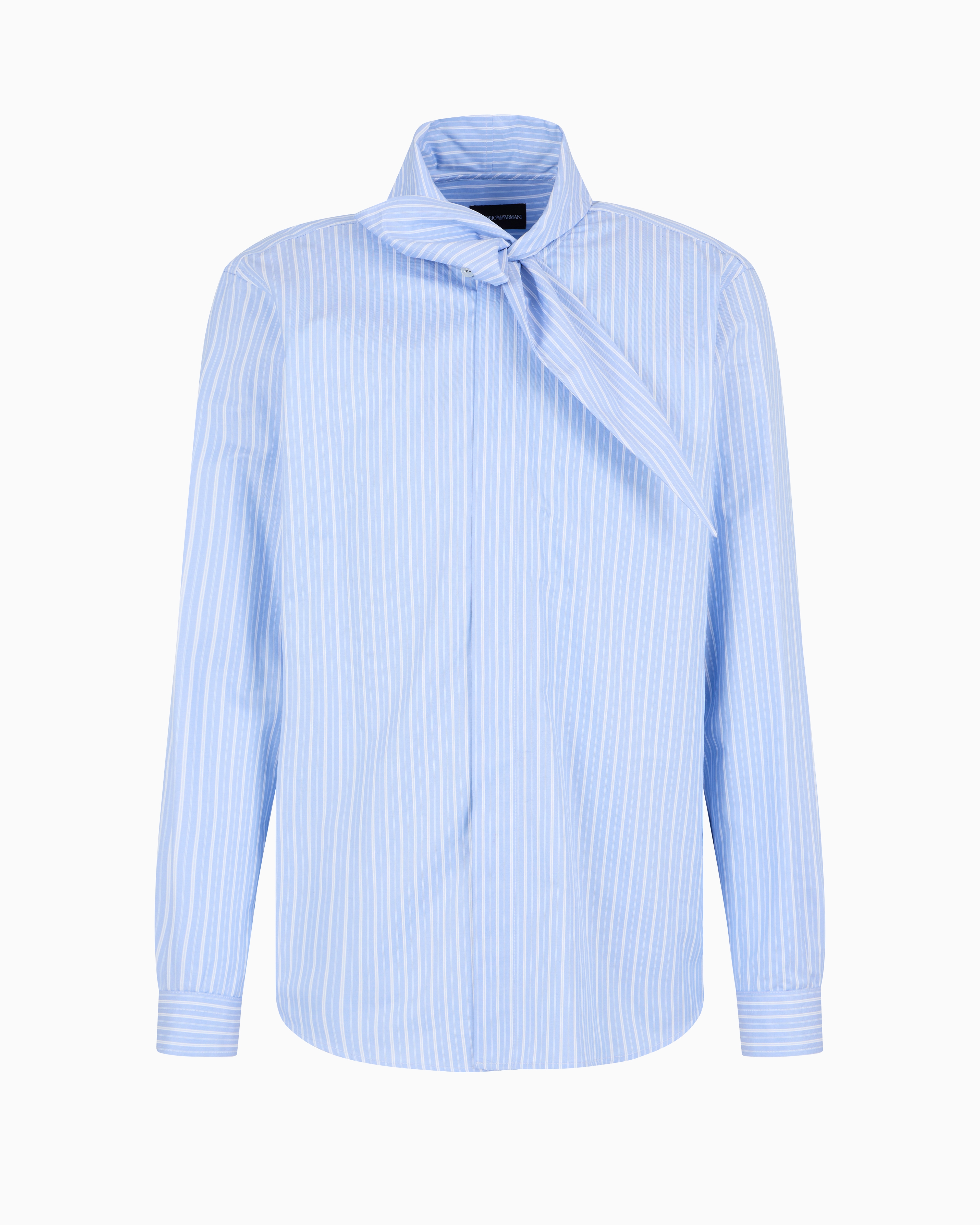 Emporio Armani Official Store Striped Twill-effect Heavyweight Cotton Shirt With Foulard Collar In Bleu Ciel