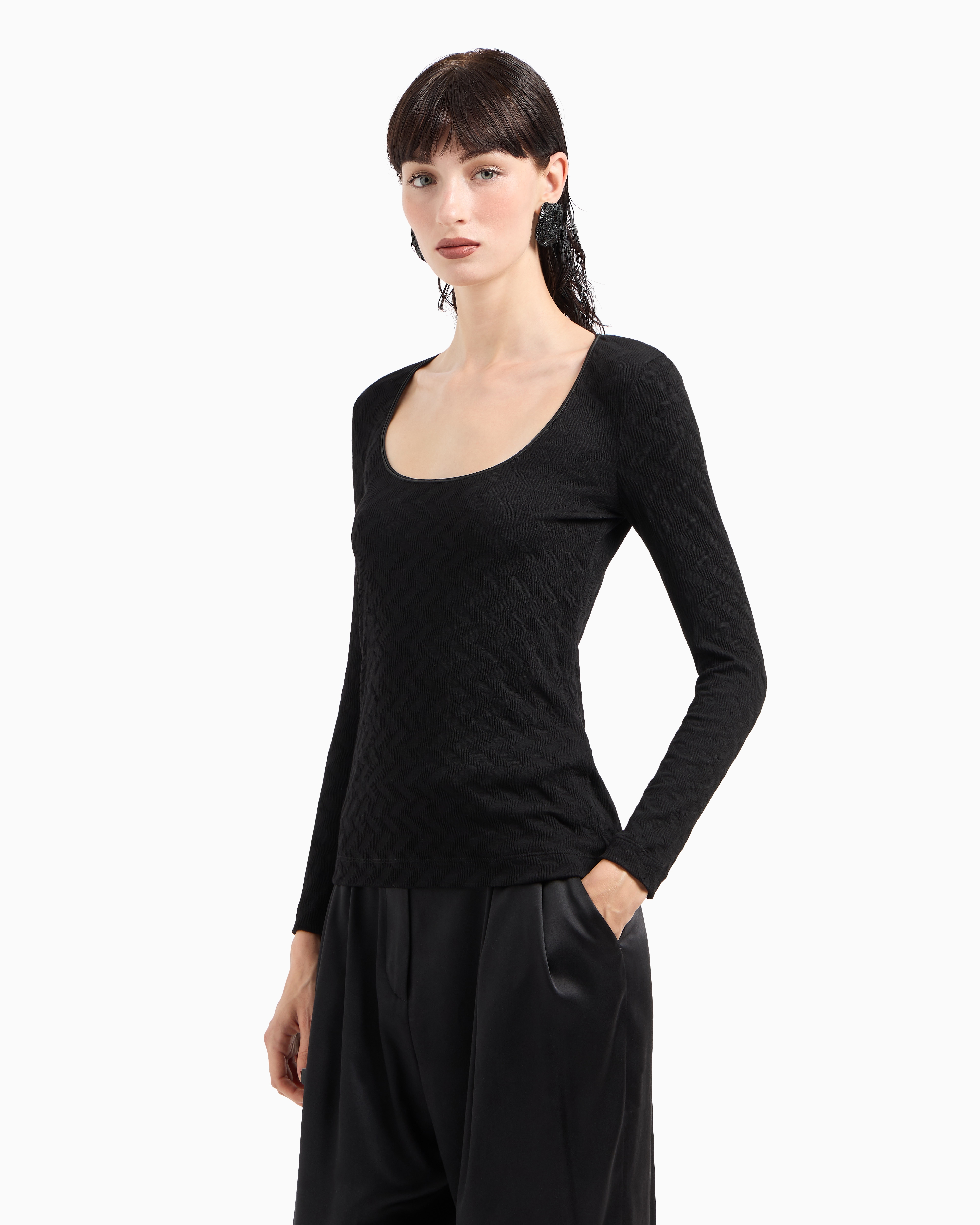Giorgio Armani Official Store Asv Crew-neck Jumper In Viscose And Cashmere Jacquard Jersey In Black