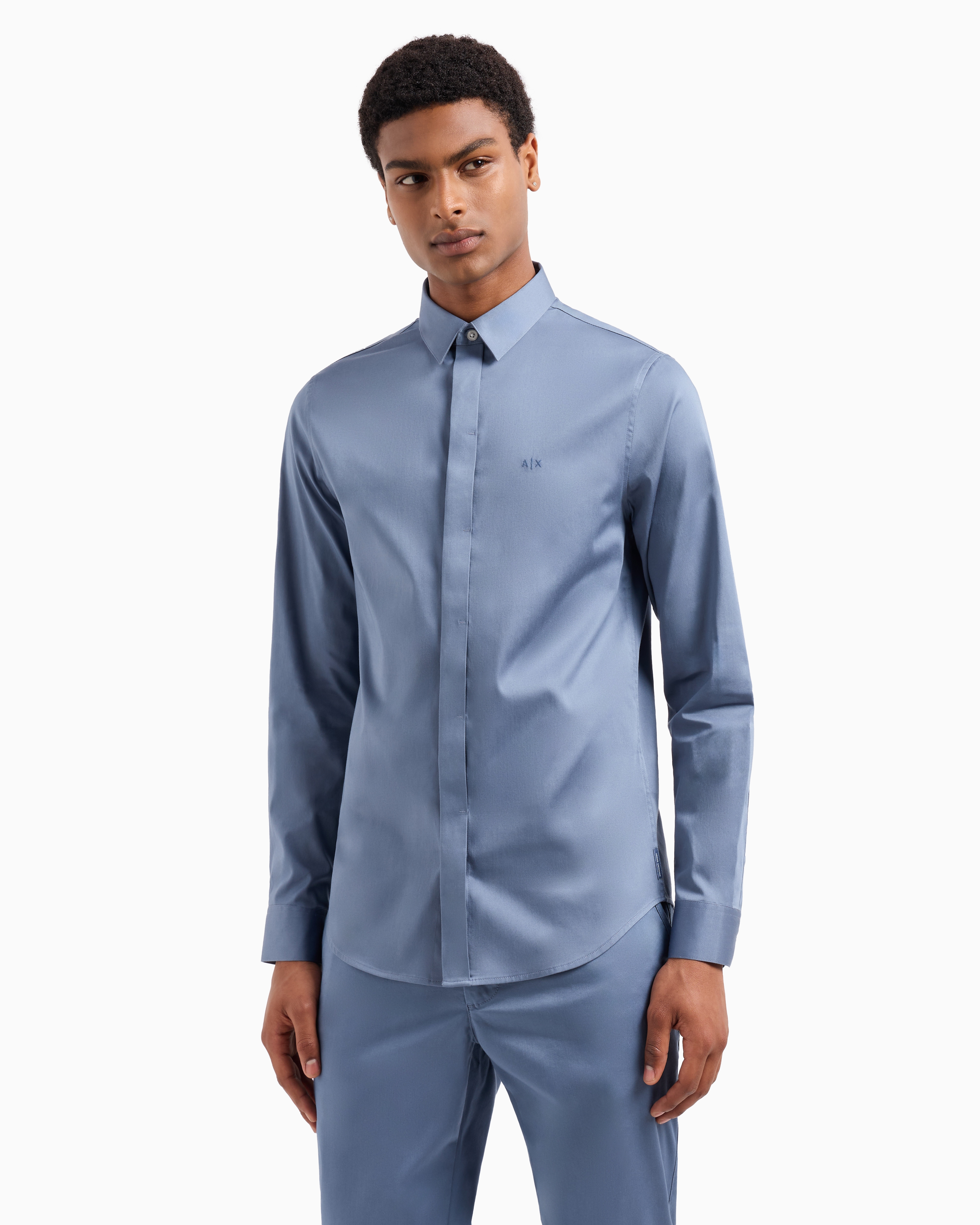 Shop Armani Exchange Regular Fit Cotton Shirt In Light Blue