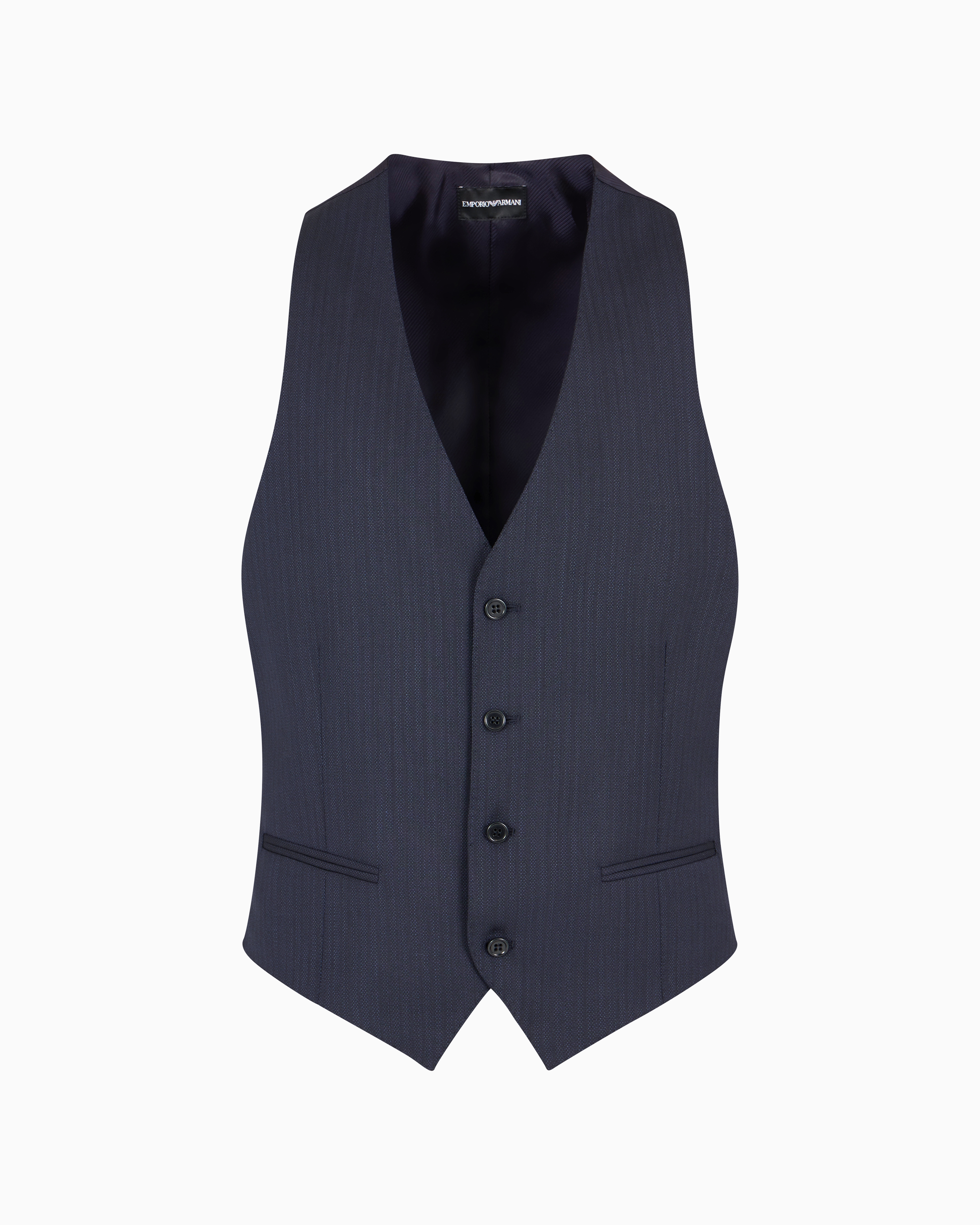 Shop Emporio Armani Single-breasted Waistcoat In Jacquard-striped Armure Virgin Wool In Blue