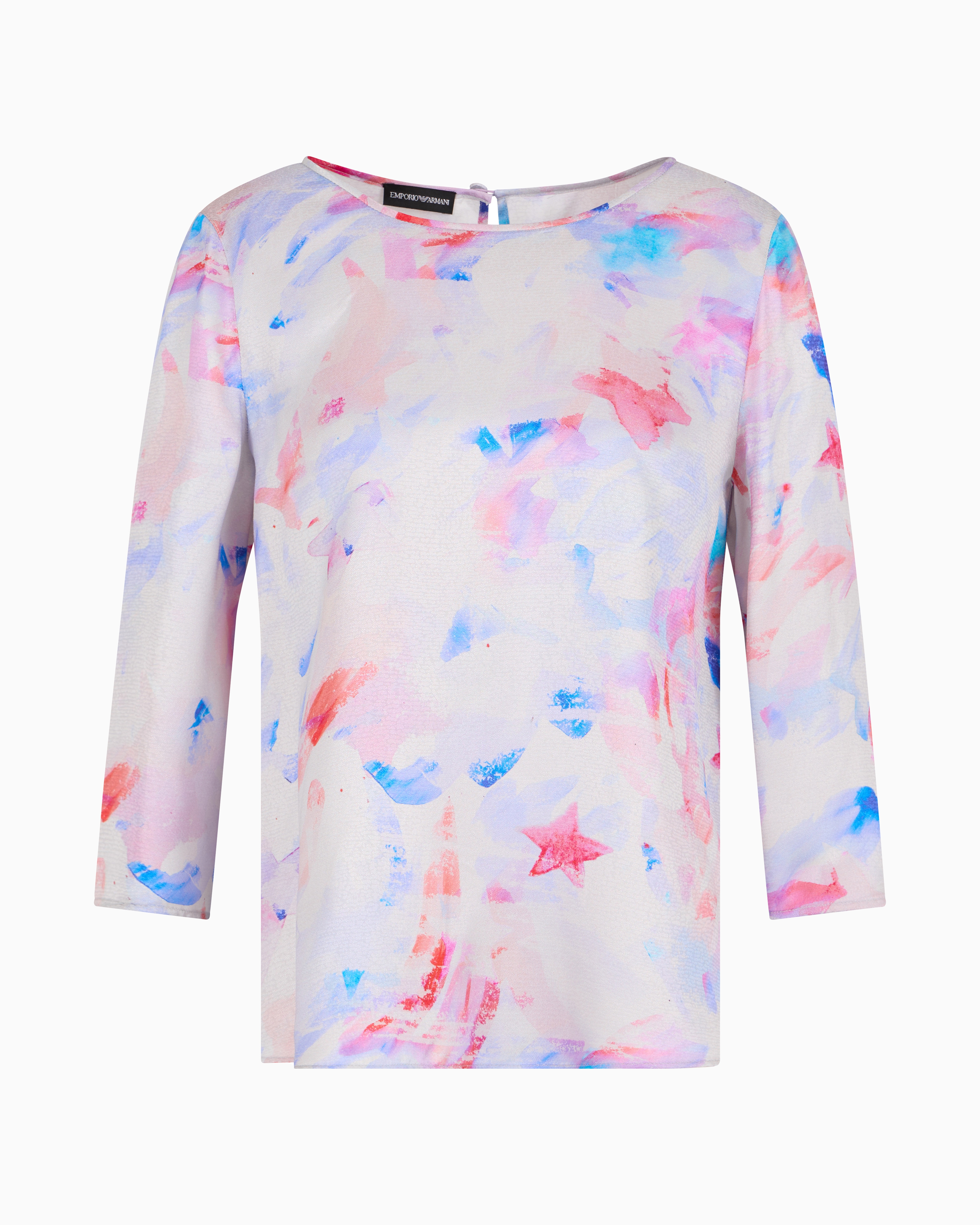 Emporio Armani Blouse With Three-quarter Sleeves In Satin Crêpe With A Watercolour-effect Fancy Print In Pattern