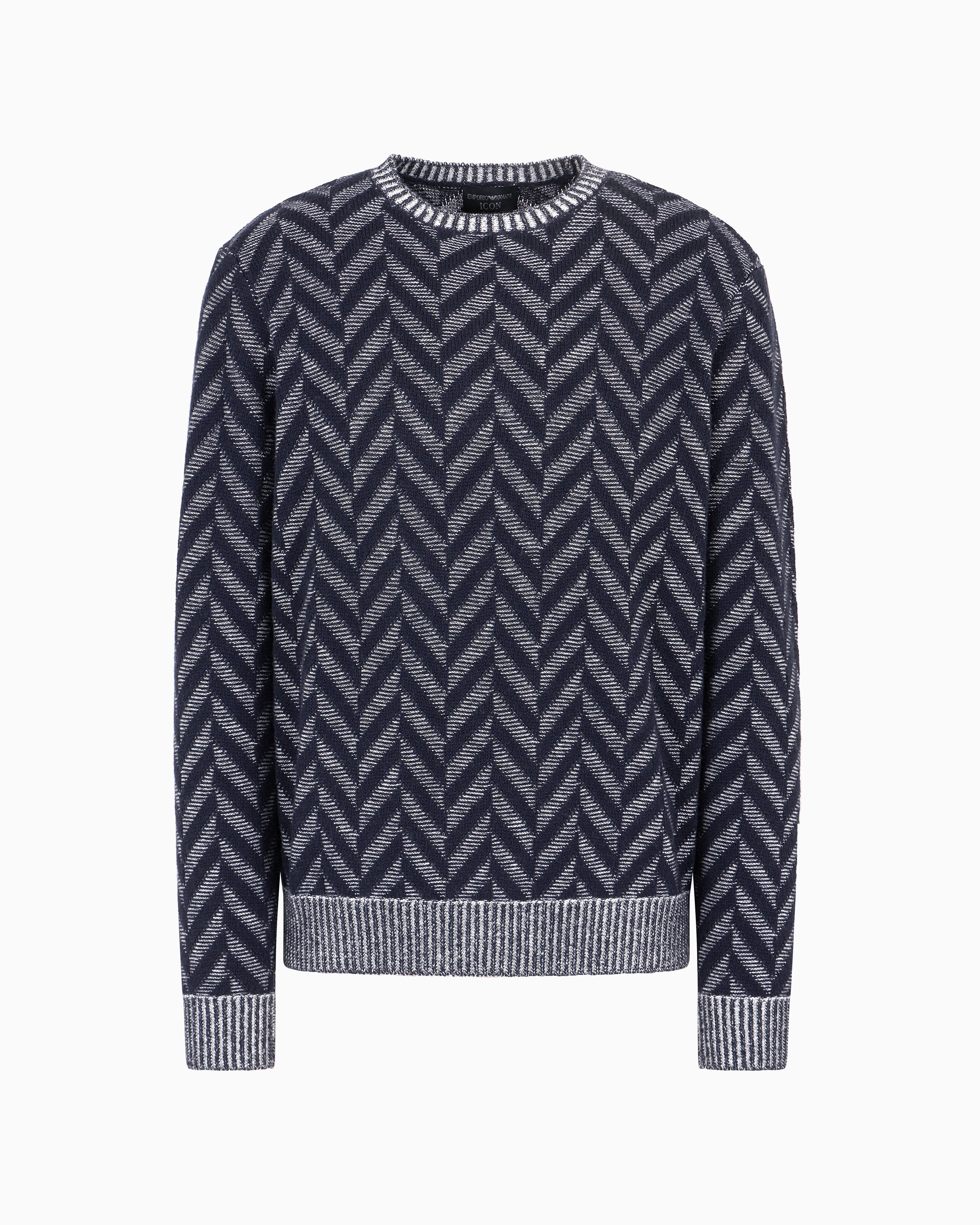 Emporio Armani Official Store Icon Virgin-wool Jumper With Two-tone Jacquard Chevron Motif In Bleu