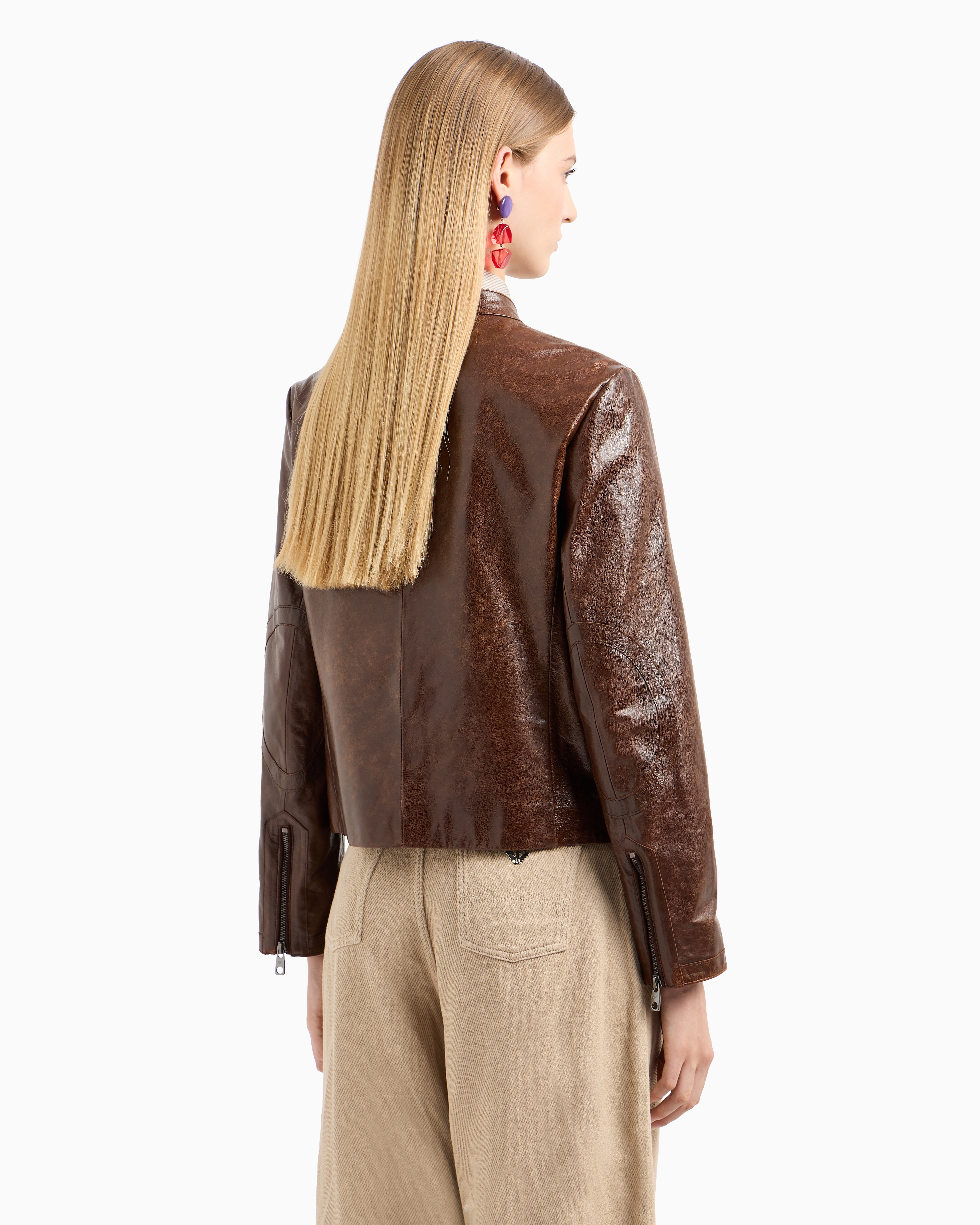 Emporio Armani Official Store Icon Slim-fit Jacket With An Off-centre Zip In Vegetable-tanned Tumbled Goatskin Napp In Brown