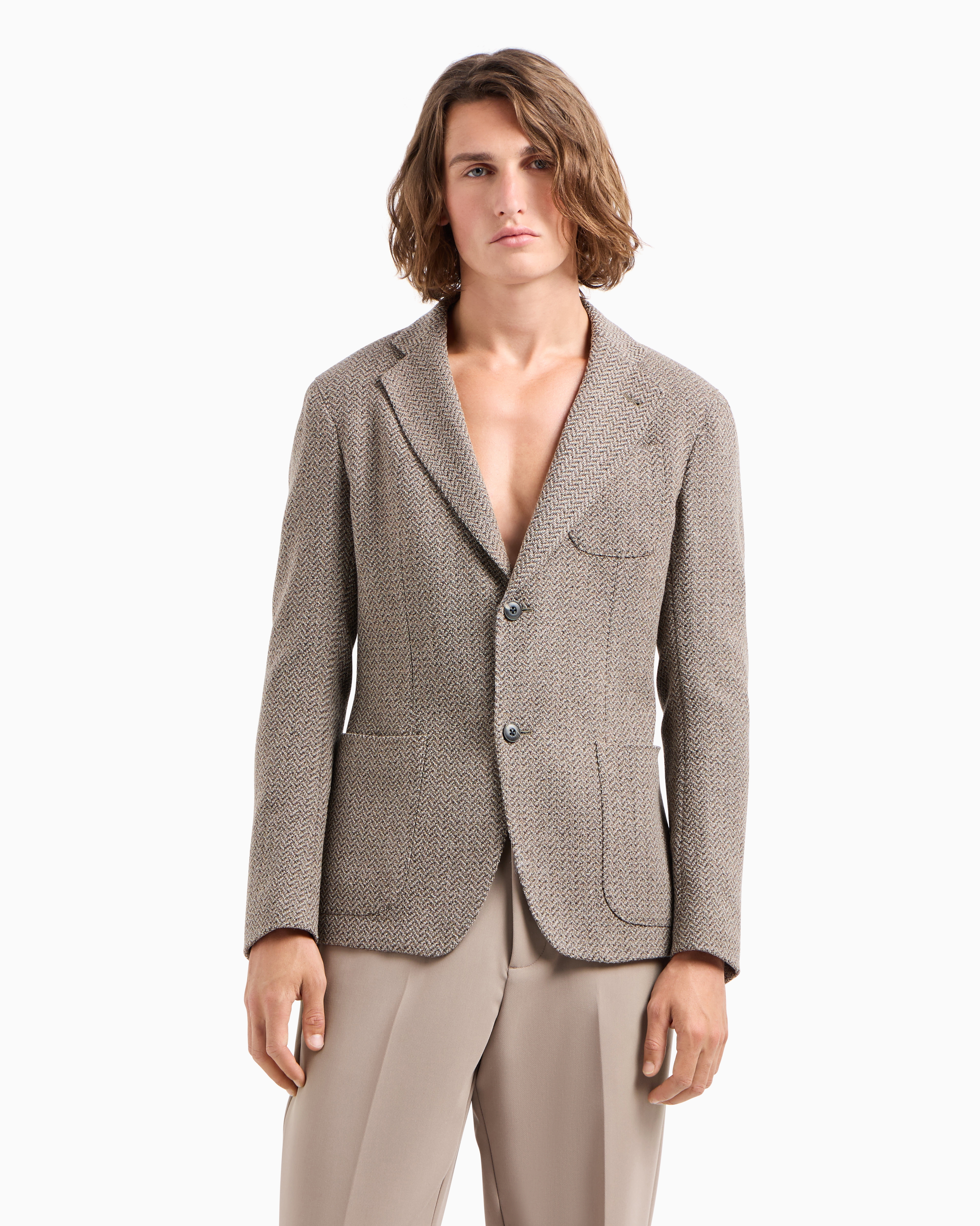 Emporio Armani Modern-fit Single-breasted Jacket In A Mouliné Virgin-wool Blend With Chevron Motif In Marron