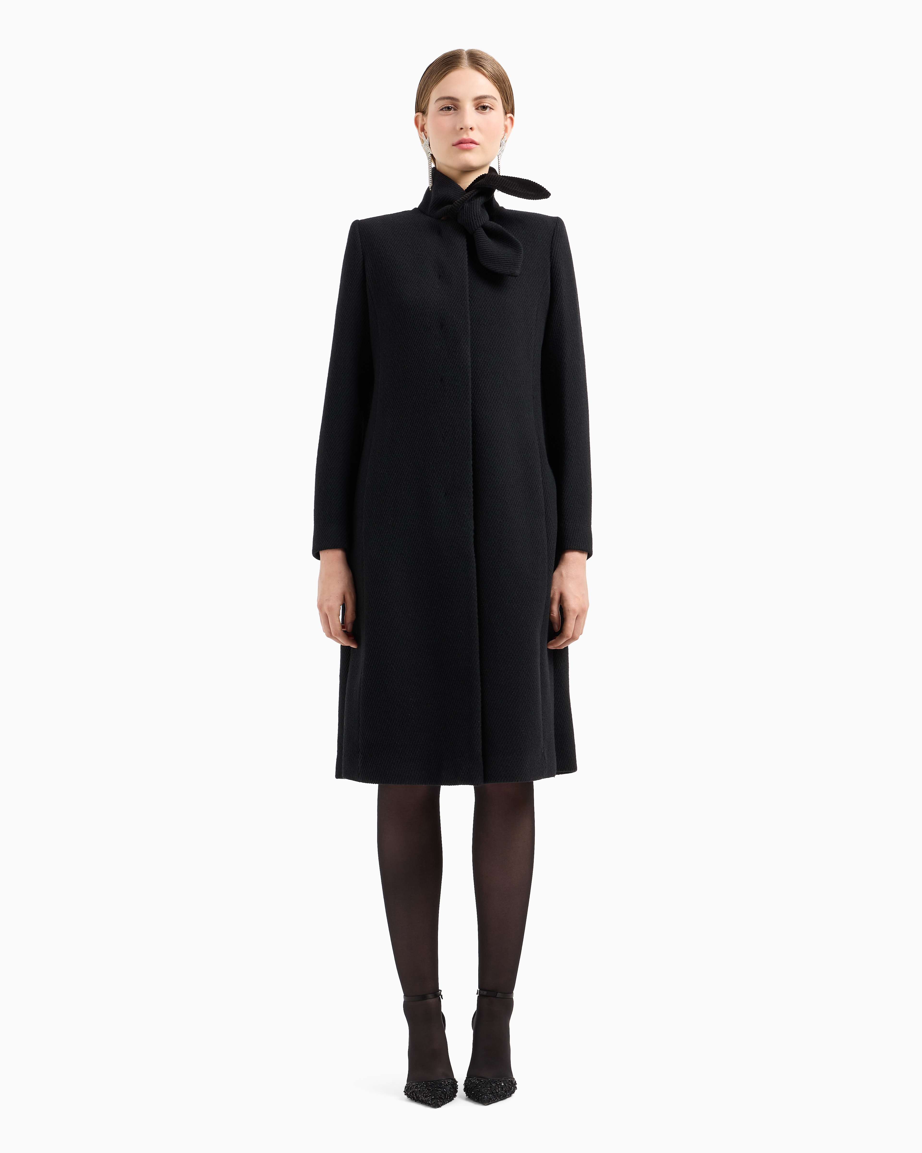 Emporio Armani Official Store Coat With Foulard Collar In A Wool Blend Cover Fabric In Black