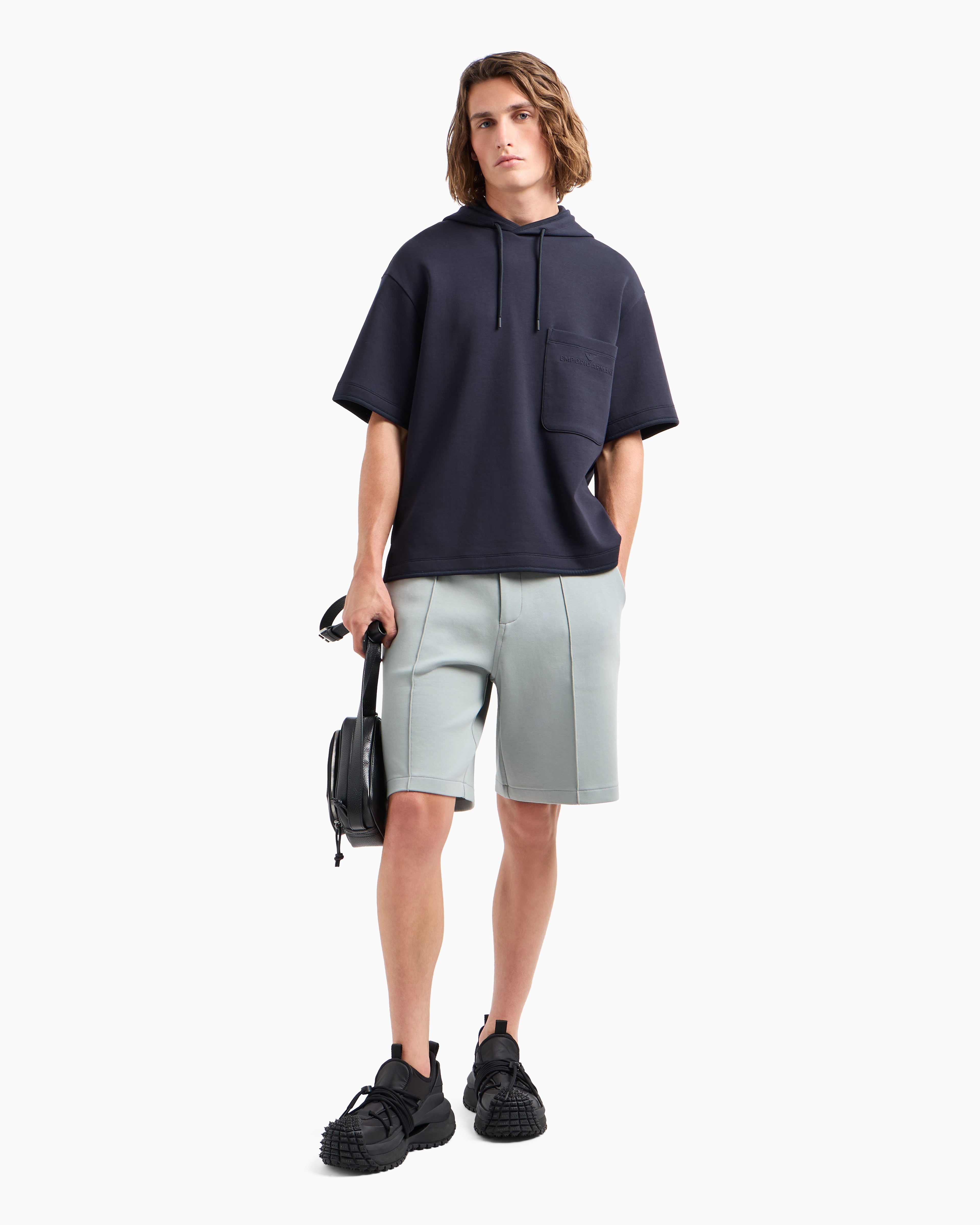 Emporio Armani Official Store Short-sleeved Double-jersey Hooded Sweatshirt With A Patch Pocket In Navy Blue
