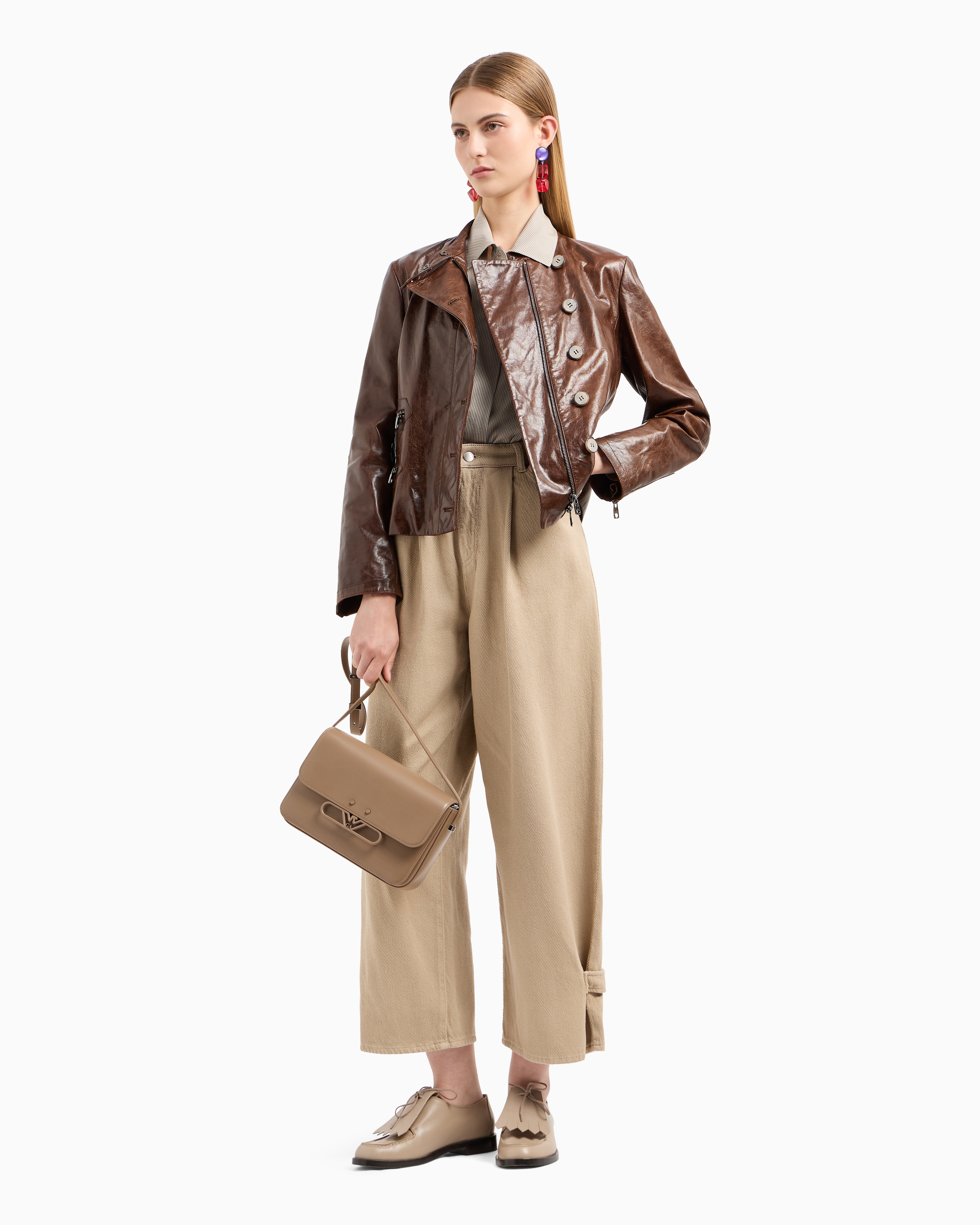 Emporio Armani Official Store Icon Slim-fit Jacket With An Off-centre Zip In Vegetable-tanned Tumbled Goatskin Napp In Brown
