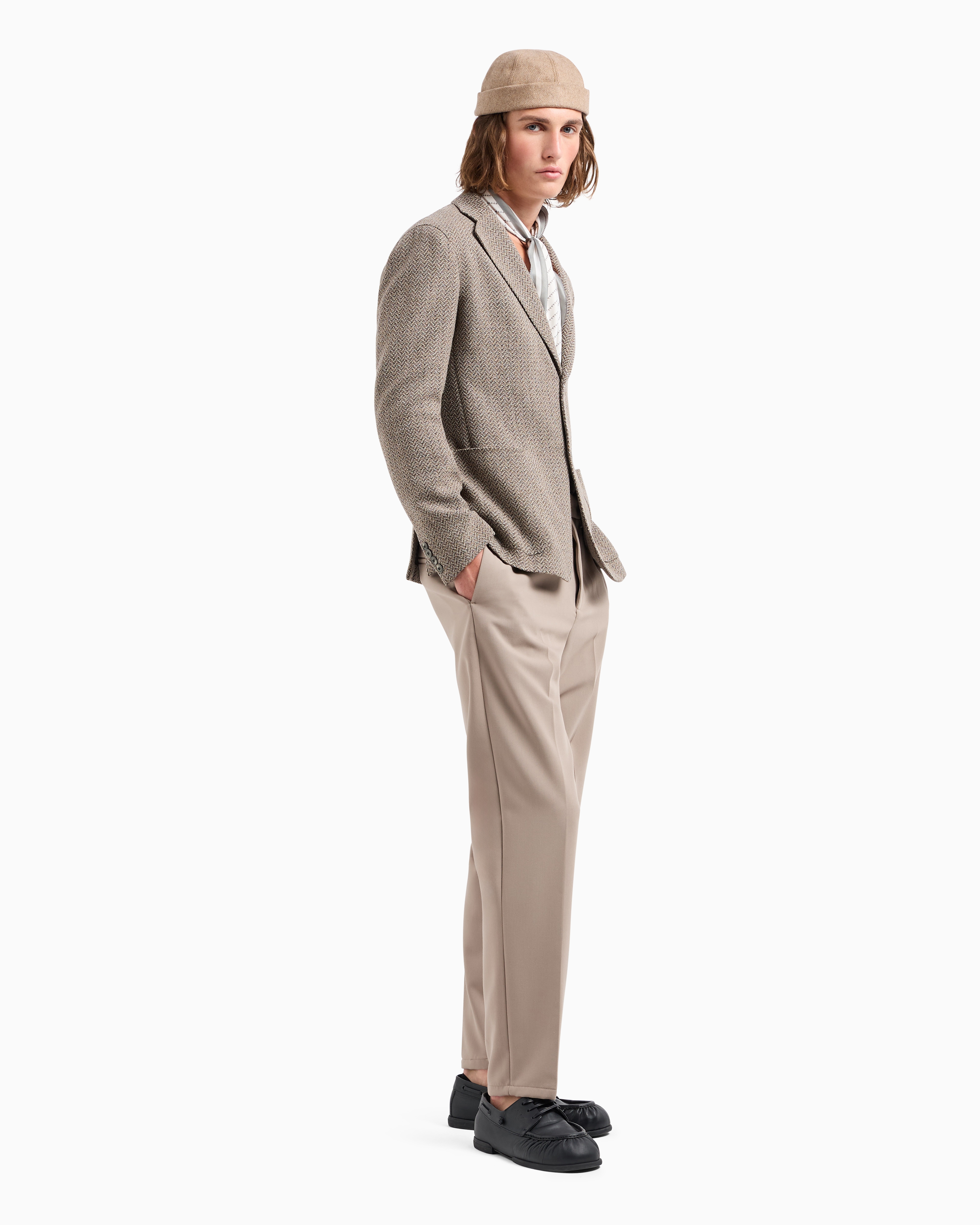 Emporio Armani Modern-fit Single-breasted Jacket In A Mouliné Virgin-wool Blend With Chevron Motif In Marron