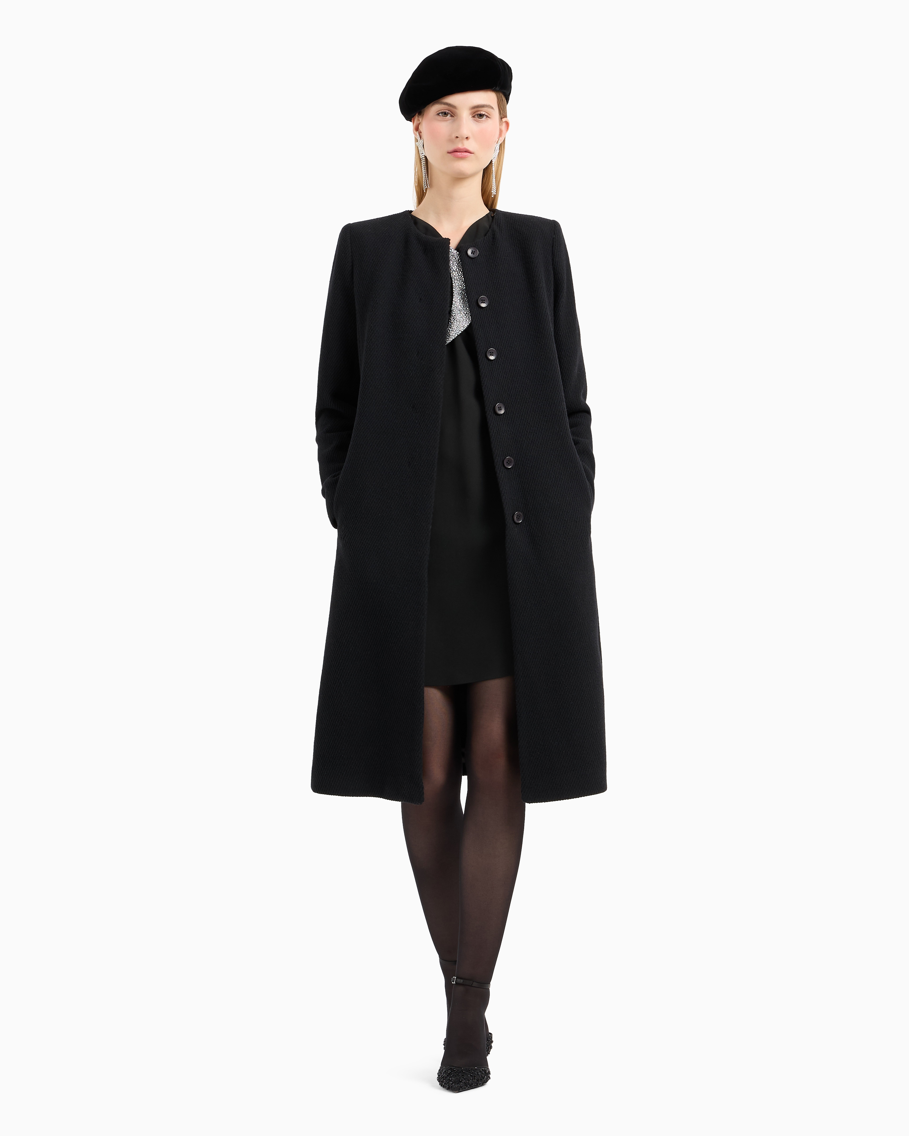Emporio Armani Official Store Coat With Foulard Collar In A Wool Blend Cover Fabric In Black