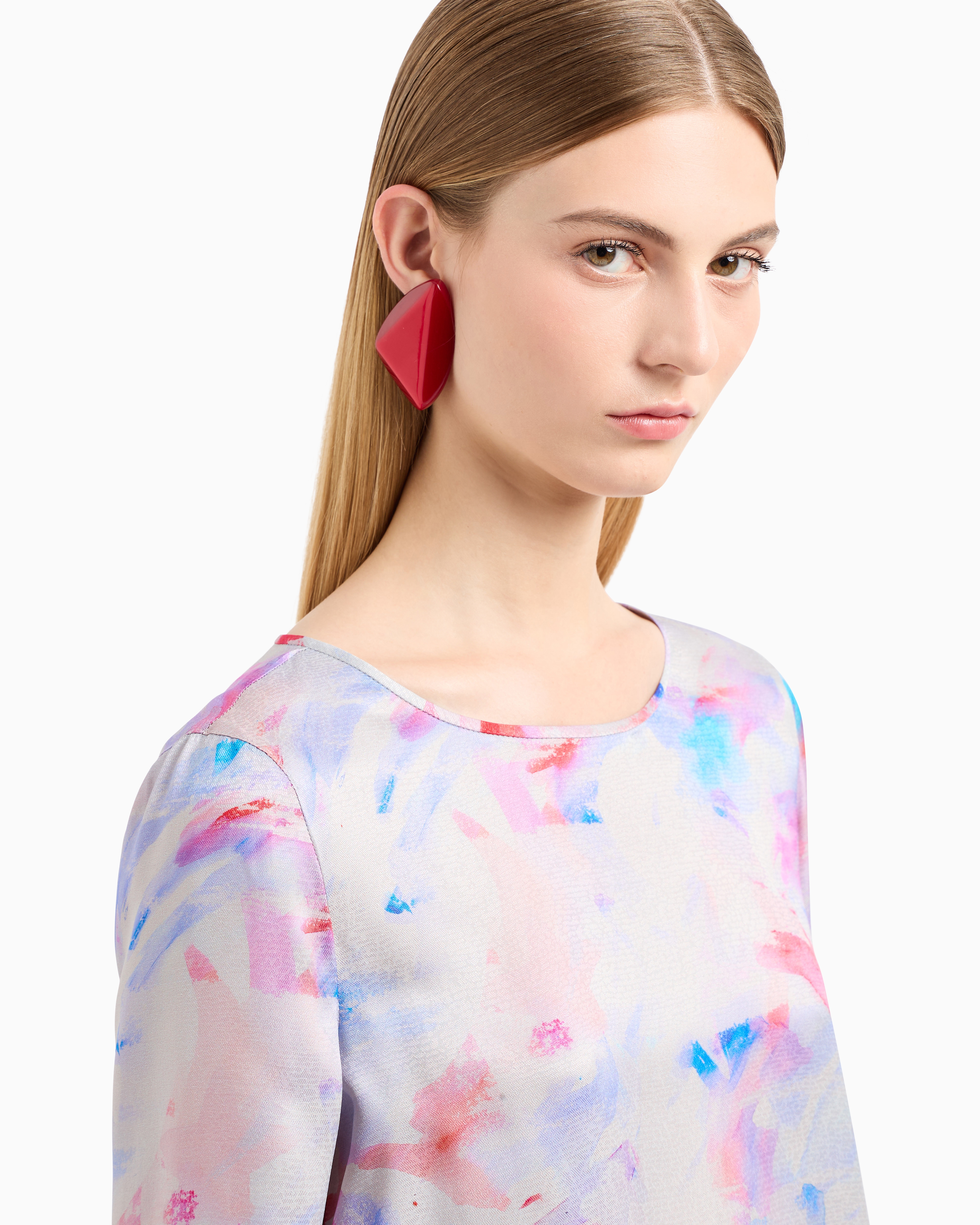 Emporio Armani Blouse With Three-quarter Sleeves In Satin Crêpe With A Watercolour-effect Fancy Print In Pattern