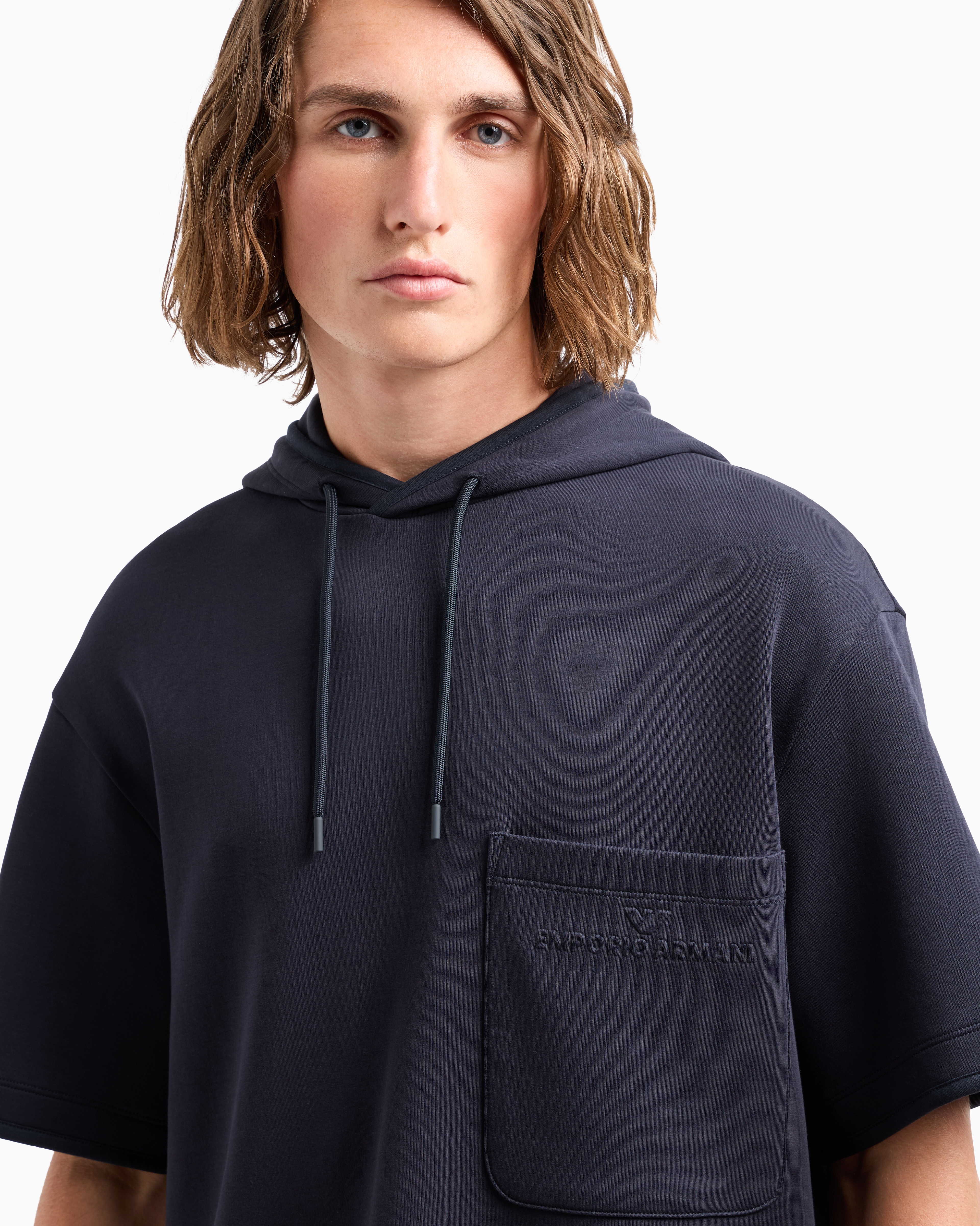Emporio Armani Official Store Short-sleeved Double-jersey Hooded Sweatshirt With A Patch Pocket In Navy Blue