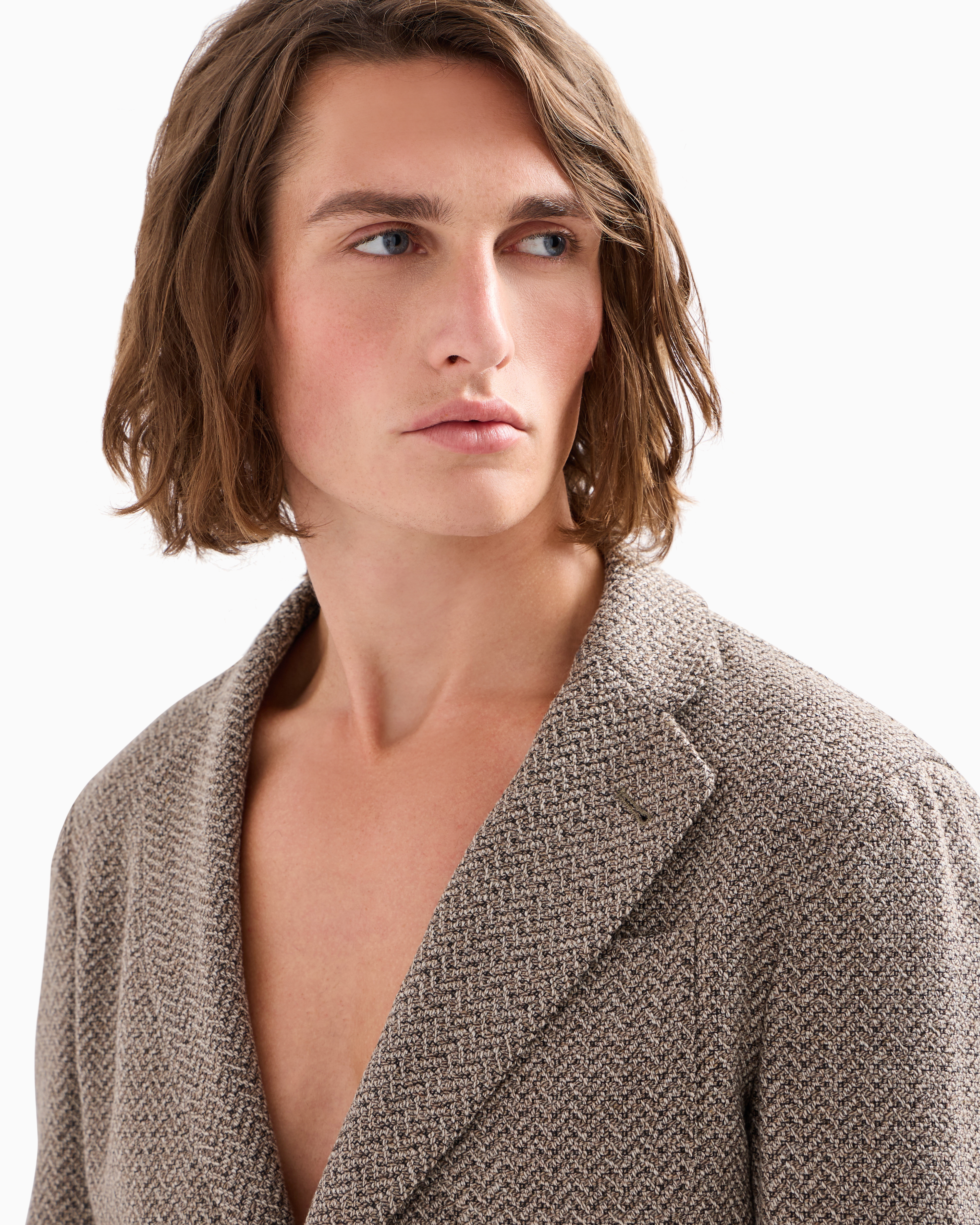 Emporio Armani Modern-fit Single-breasted Jacket In A Mouliné Virgin-wool Blend With Chevron Motif In Marron