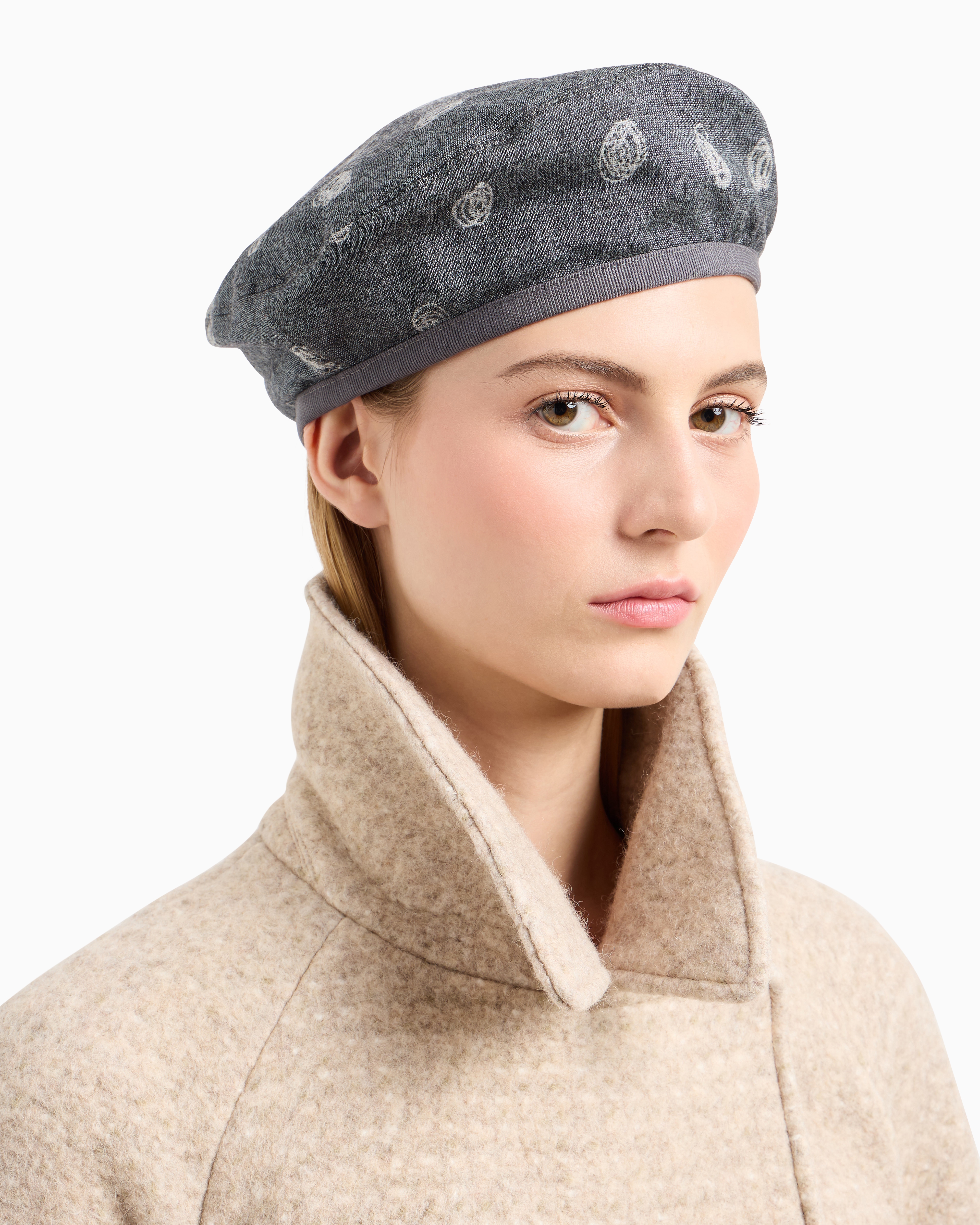 Emporio Armani Official Store Virgin Wool Blend Beret With An Icon All-over Abstract Pattern In Gray