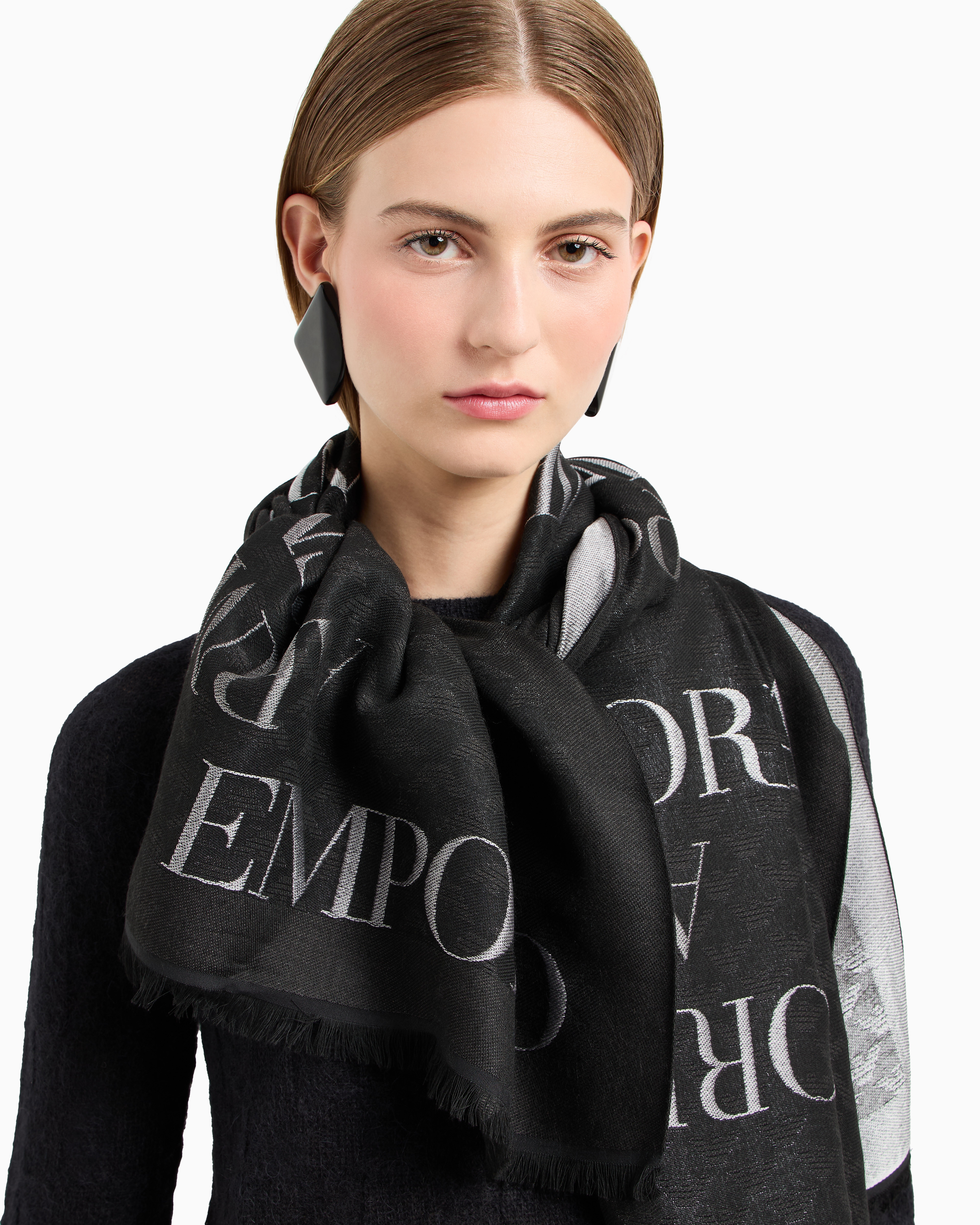 Shop Emporio Armani Double-sided Jacquard Viscose Stole With All-over Logo In Black