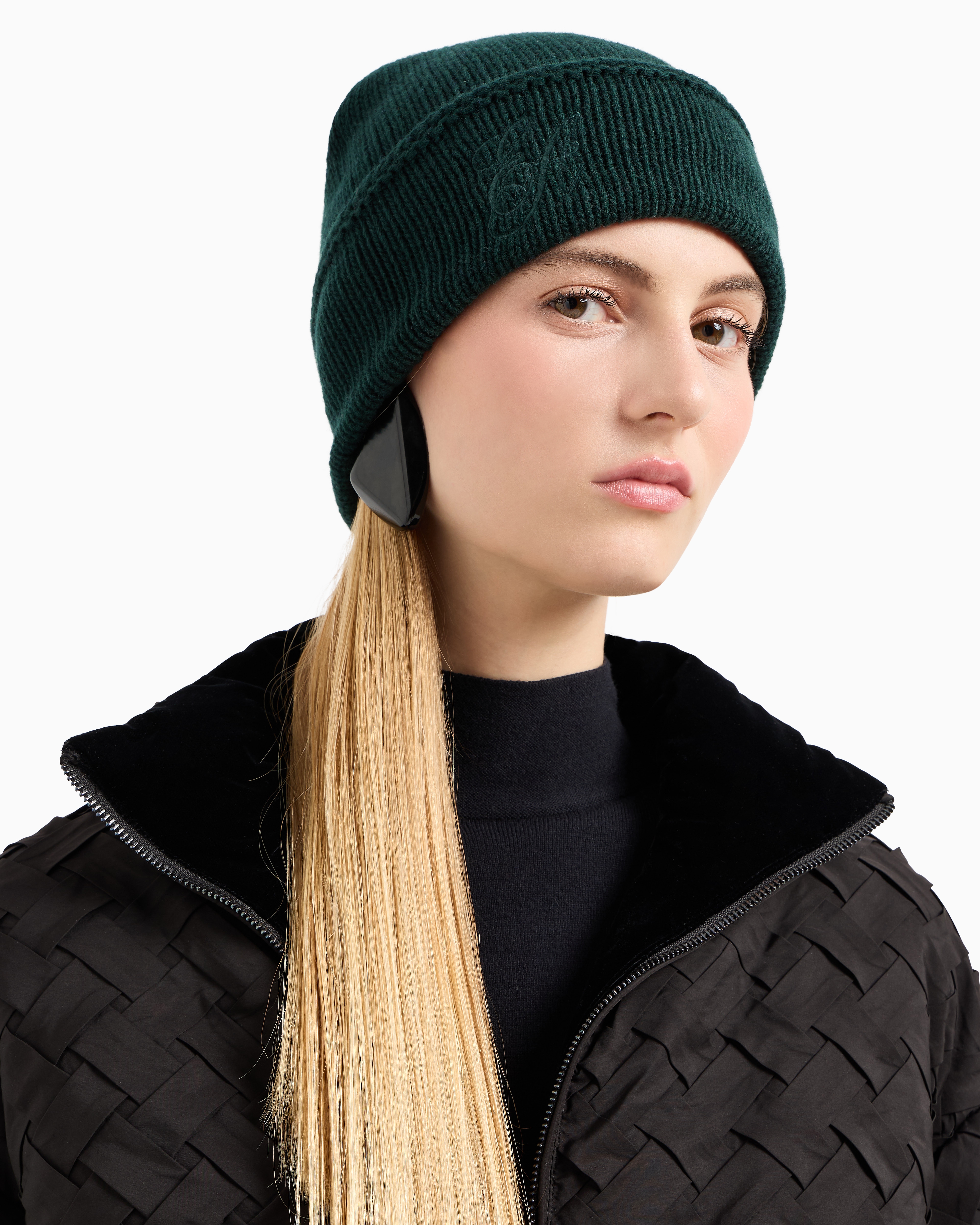 Shop Emporio Armani Ribbed Wool Beanie With Ea Signature Embroidery In Green