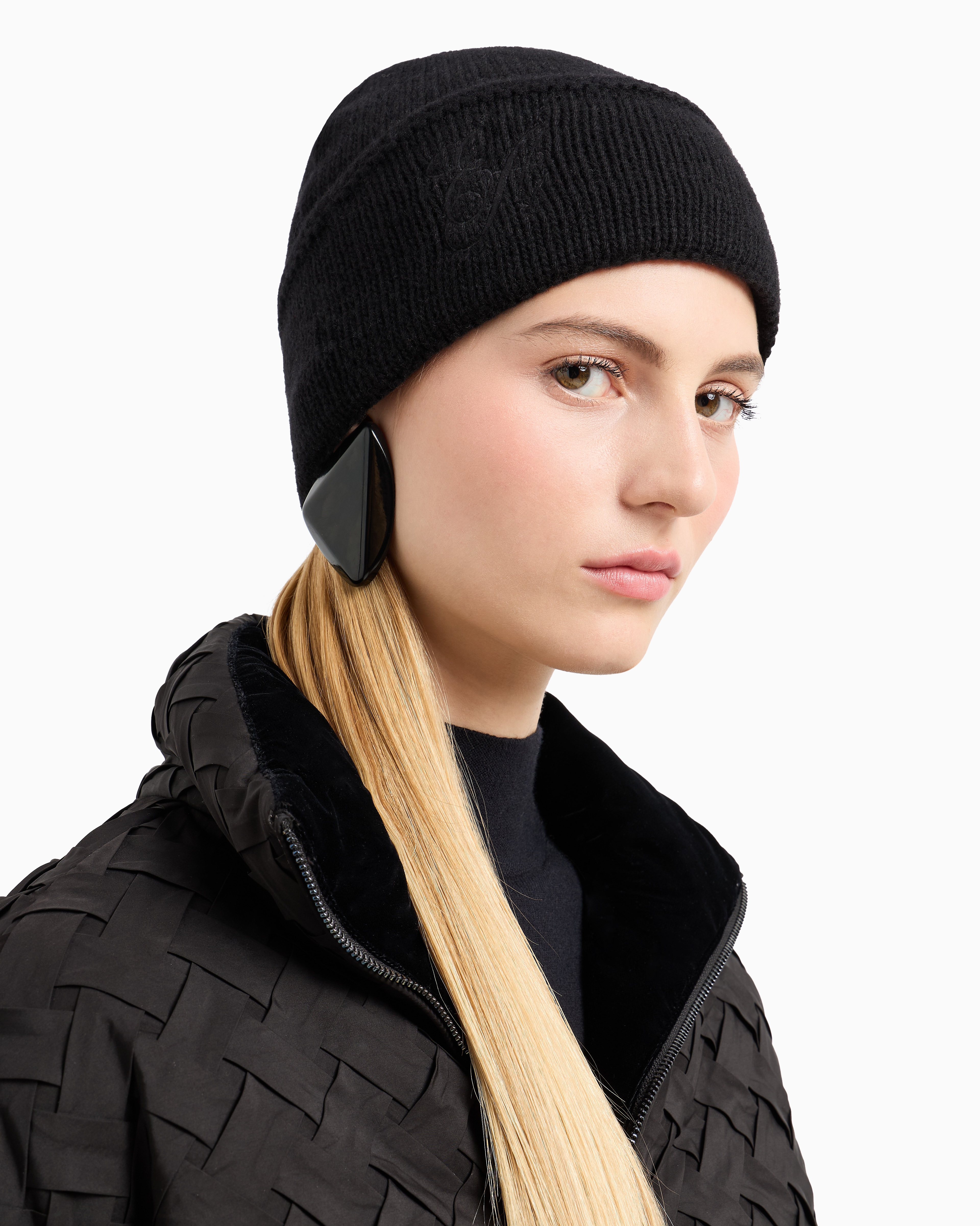 Emporio Armani Official Store Ribbed Wool Beanie With Ea Signature Embroidery In Black