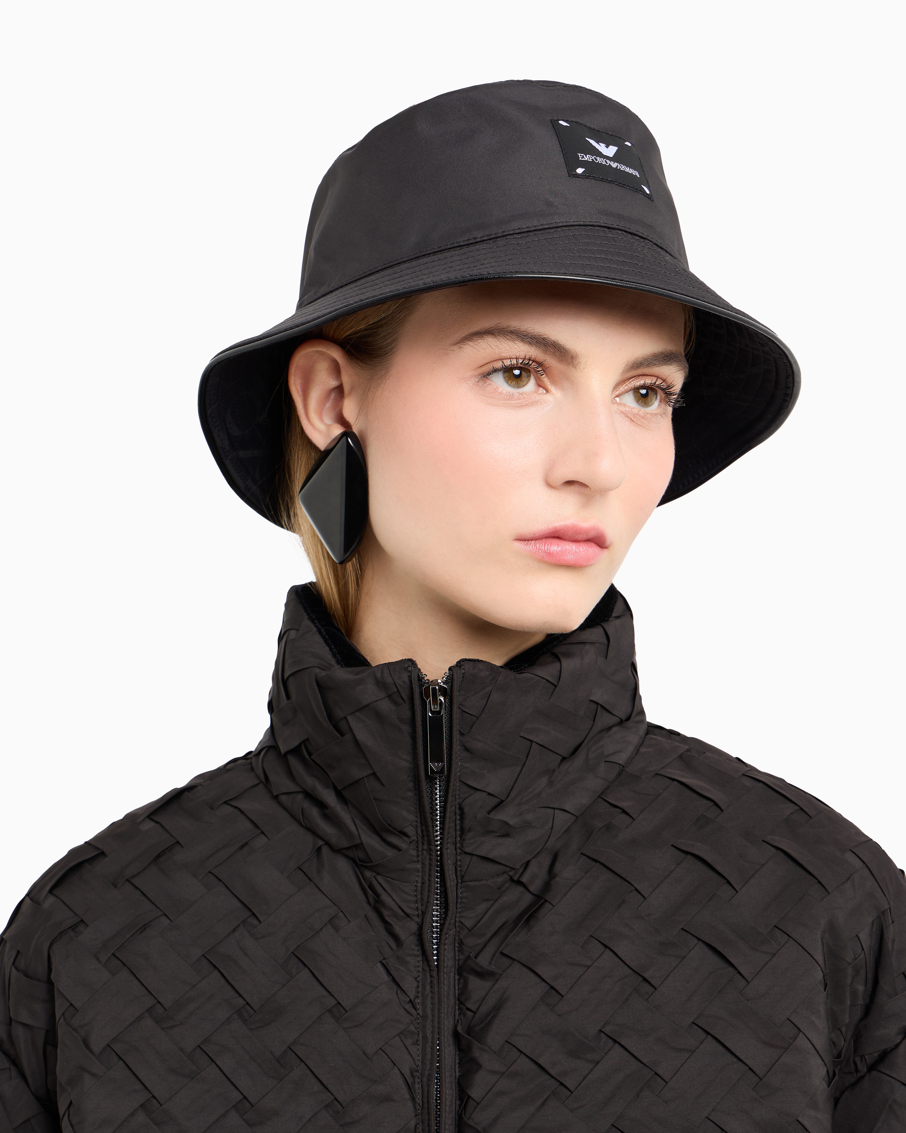 Shop Emporio Armani Double-faced Nylon-wool Blend Cloche Hat With All-over Logo Lettering In Noir