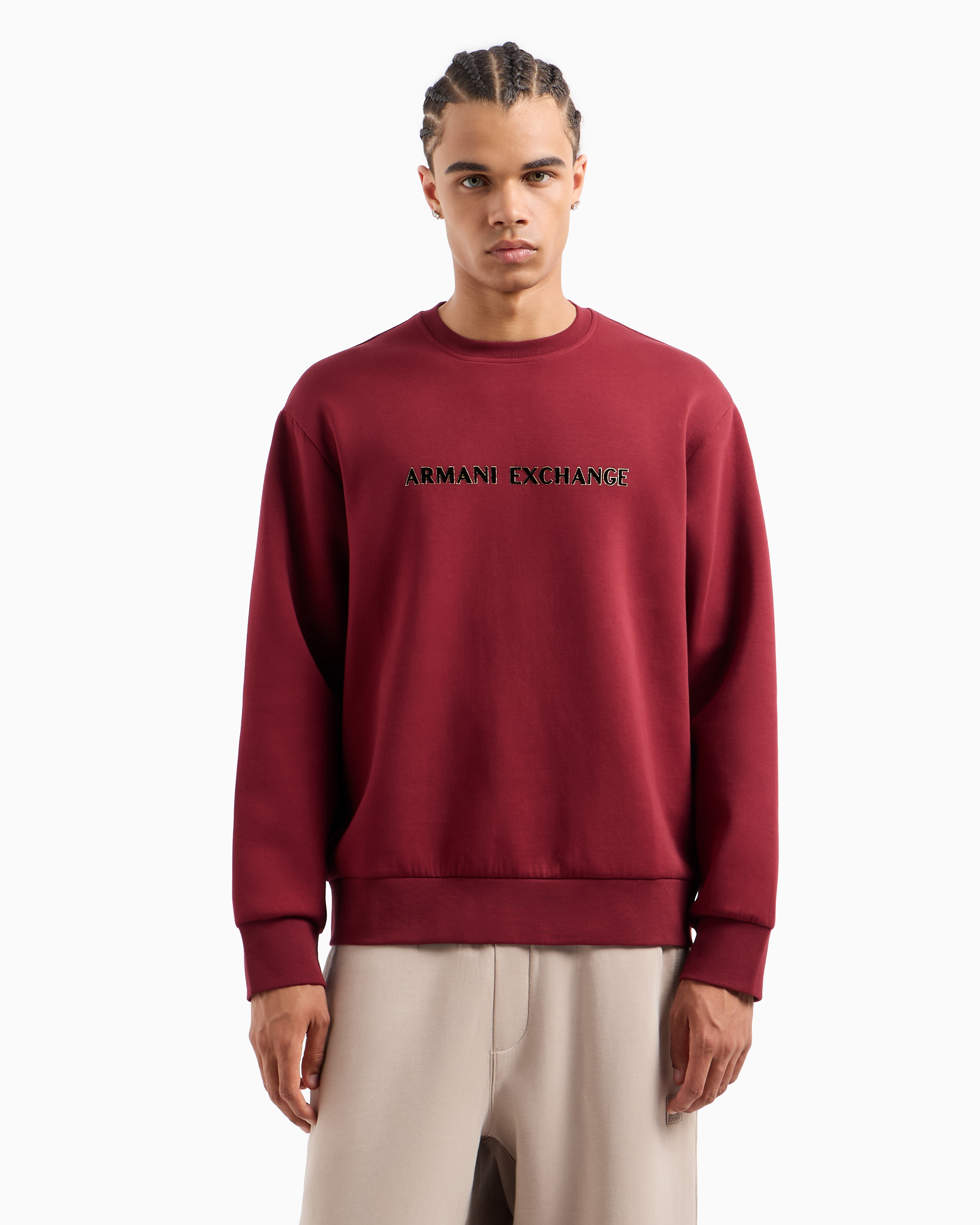 Shop Armani Exchange Crewneck Sweatshirt With Metal Profile Logo In Bordeaux