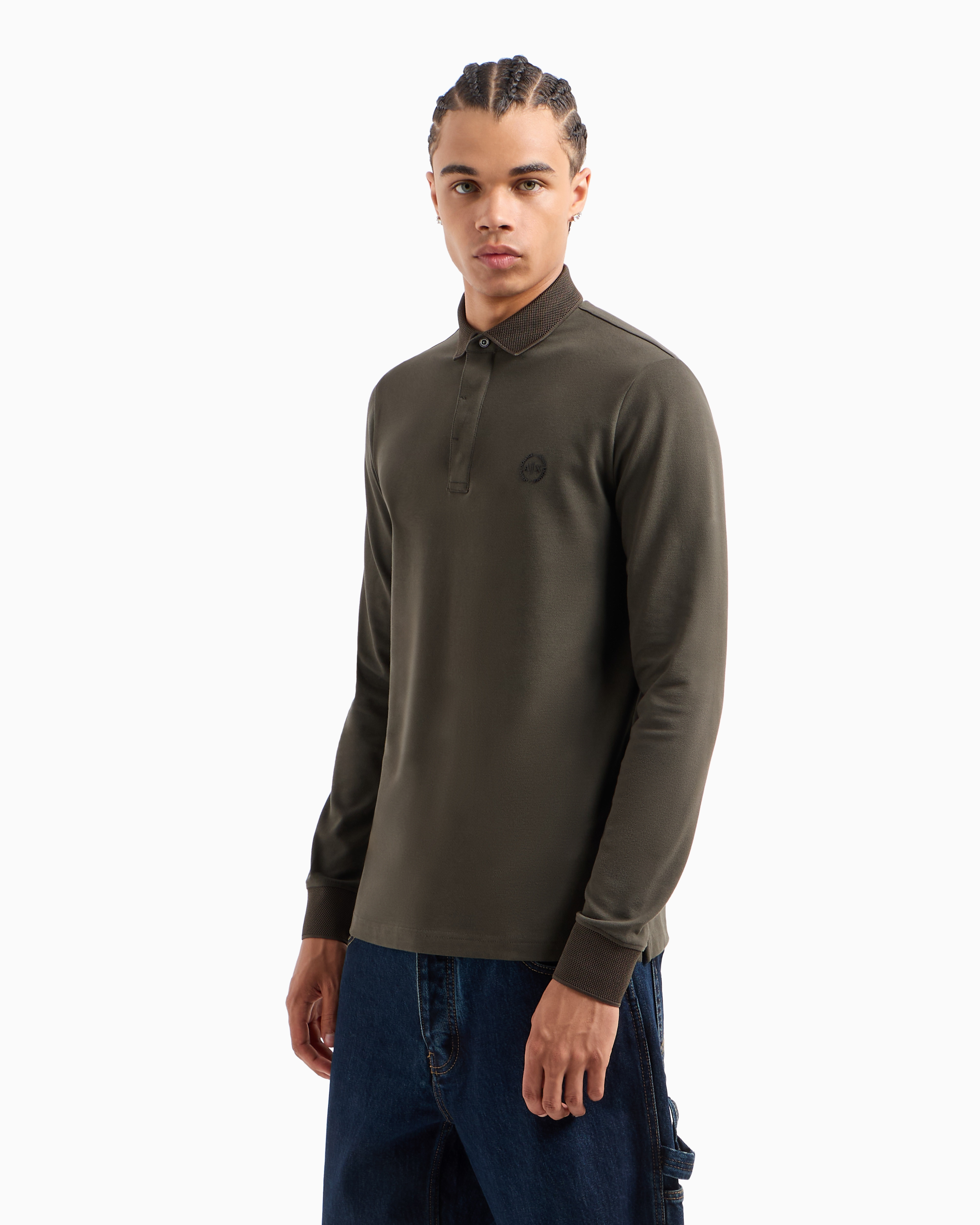 Shop Armani Exchange Slim Fit Polo Shirt In Stretch Cotton With Long Sleeves In Green