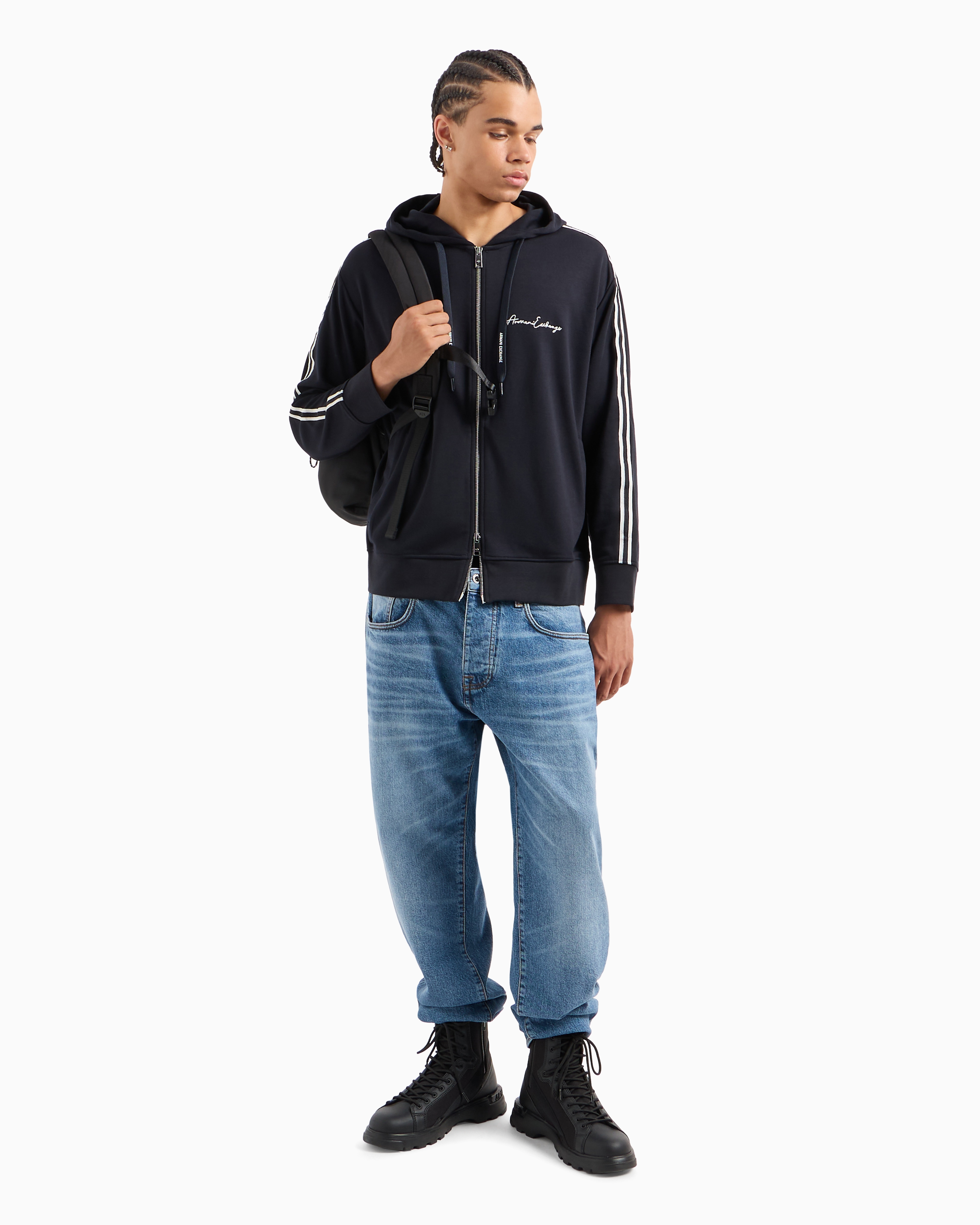 Armani Exchange Full Zip Sweatshirt In Bonded Cotton With Bands On The Sleeves In Blue