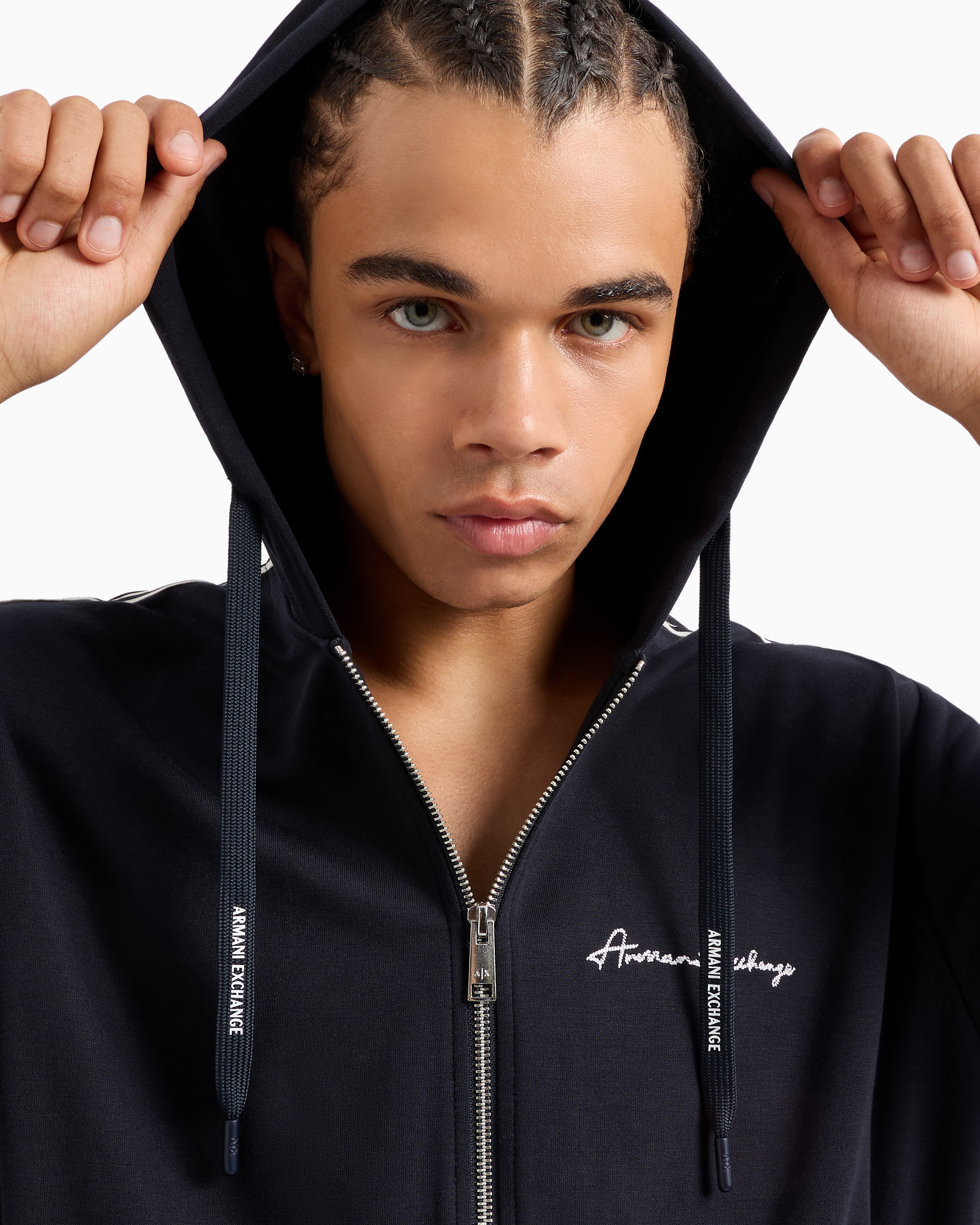 Armani Exchange Full Zip Sweatshirt In Bonded Cotton With Bands On The Sleeves In Blue