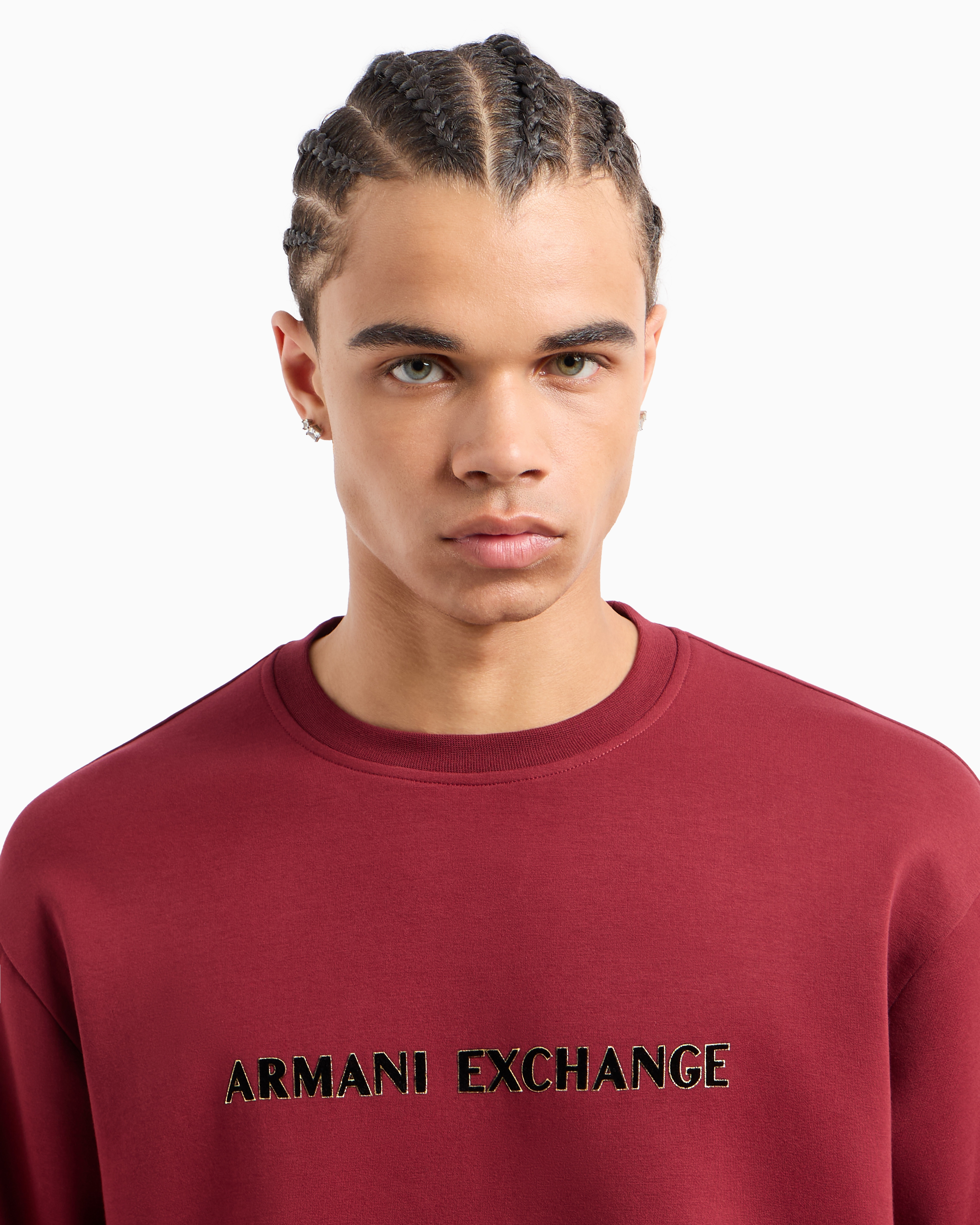 Shop Armani Exchange Crewneck Sweatshirt With Metal Profile Logo In Bordeaux