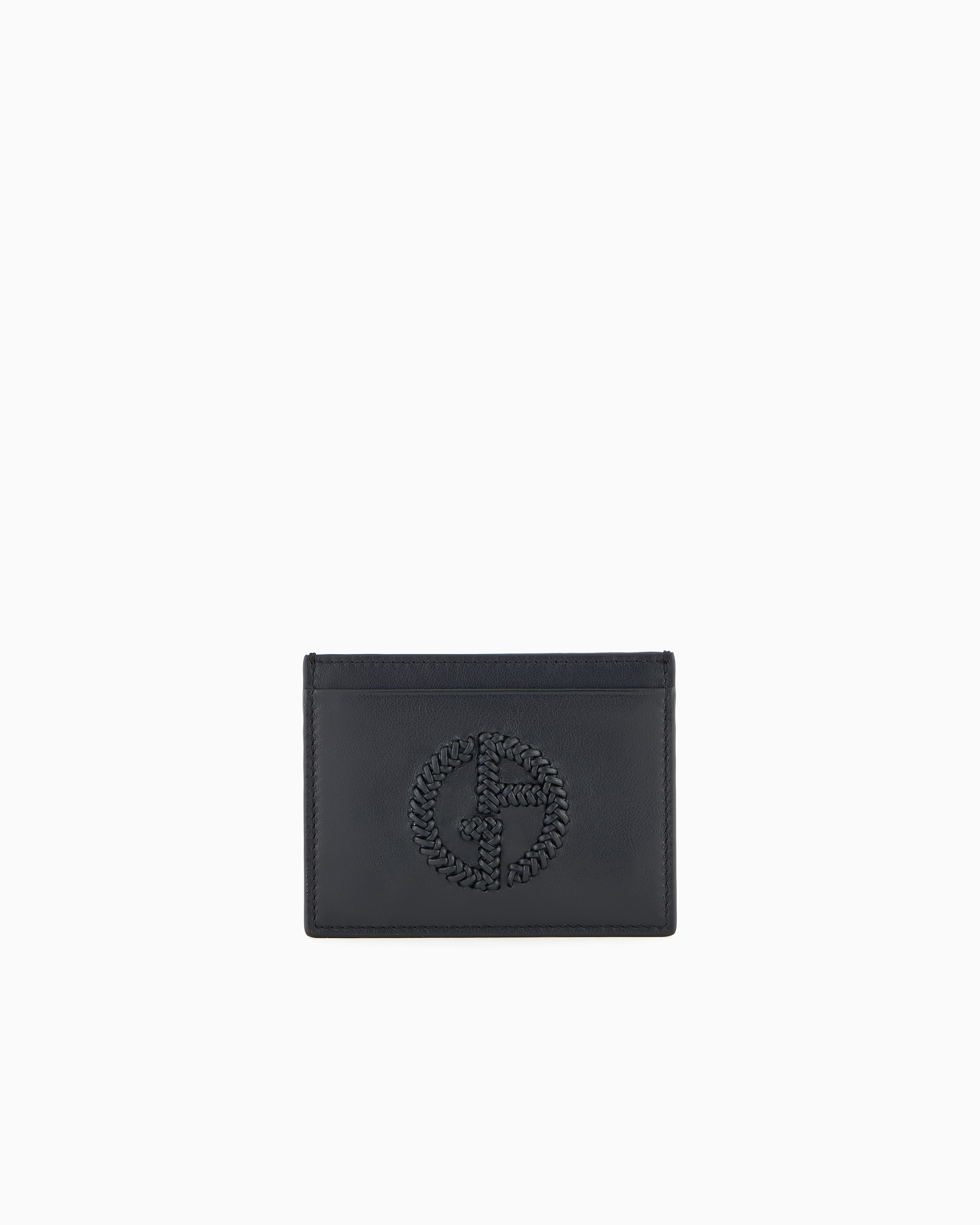 Giorgio Armani Official Store Nappa Leather Card Holder With Embroidered Logo In Midnight Blue