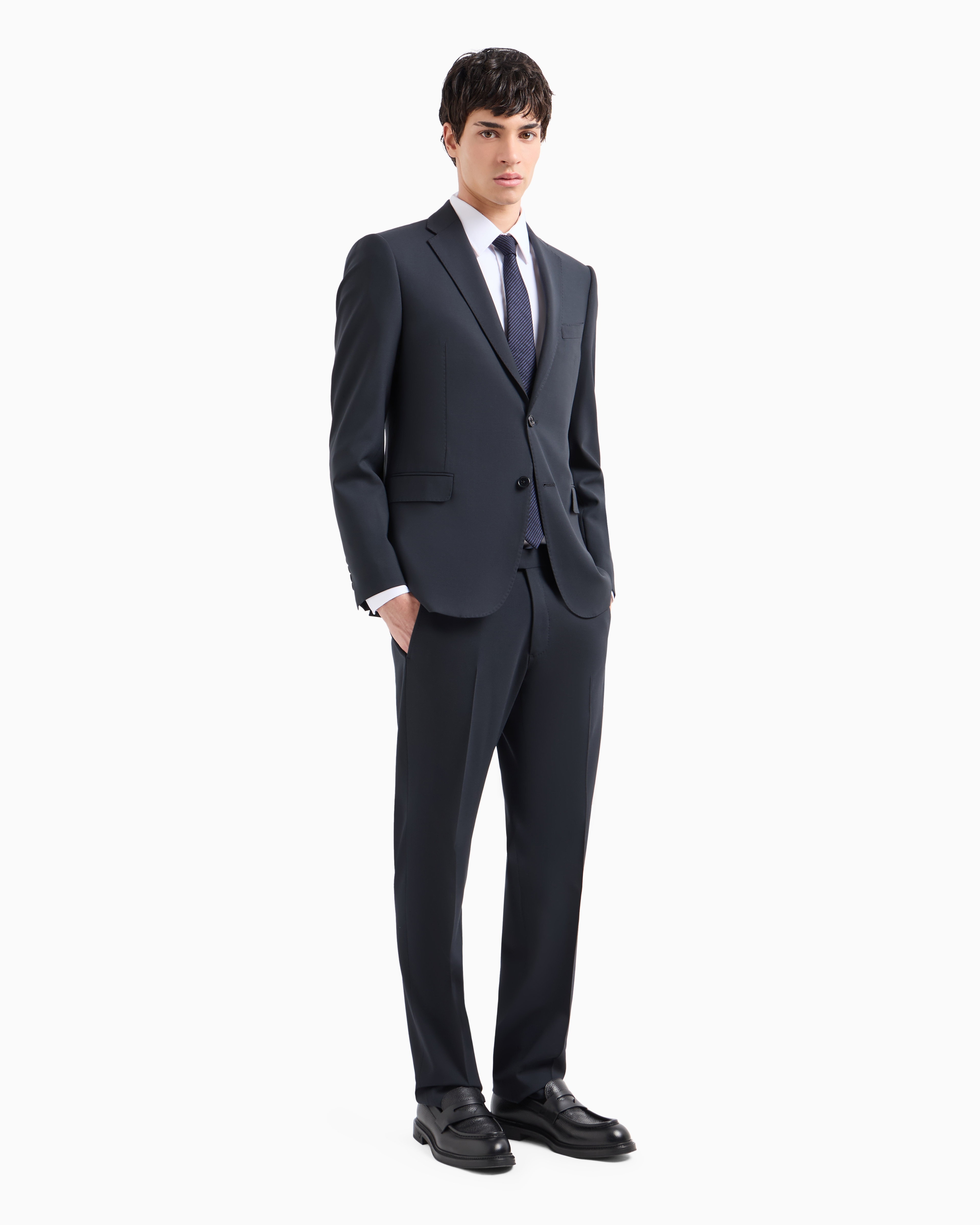 Emporio Armani Single-breasted, Slim-fit Suit In Brushed Stretch Light Wool In Navy Blue