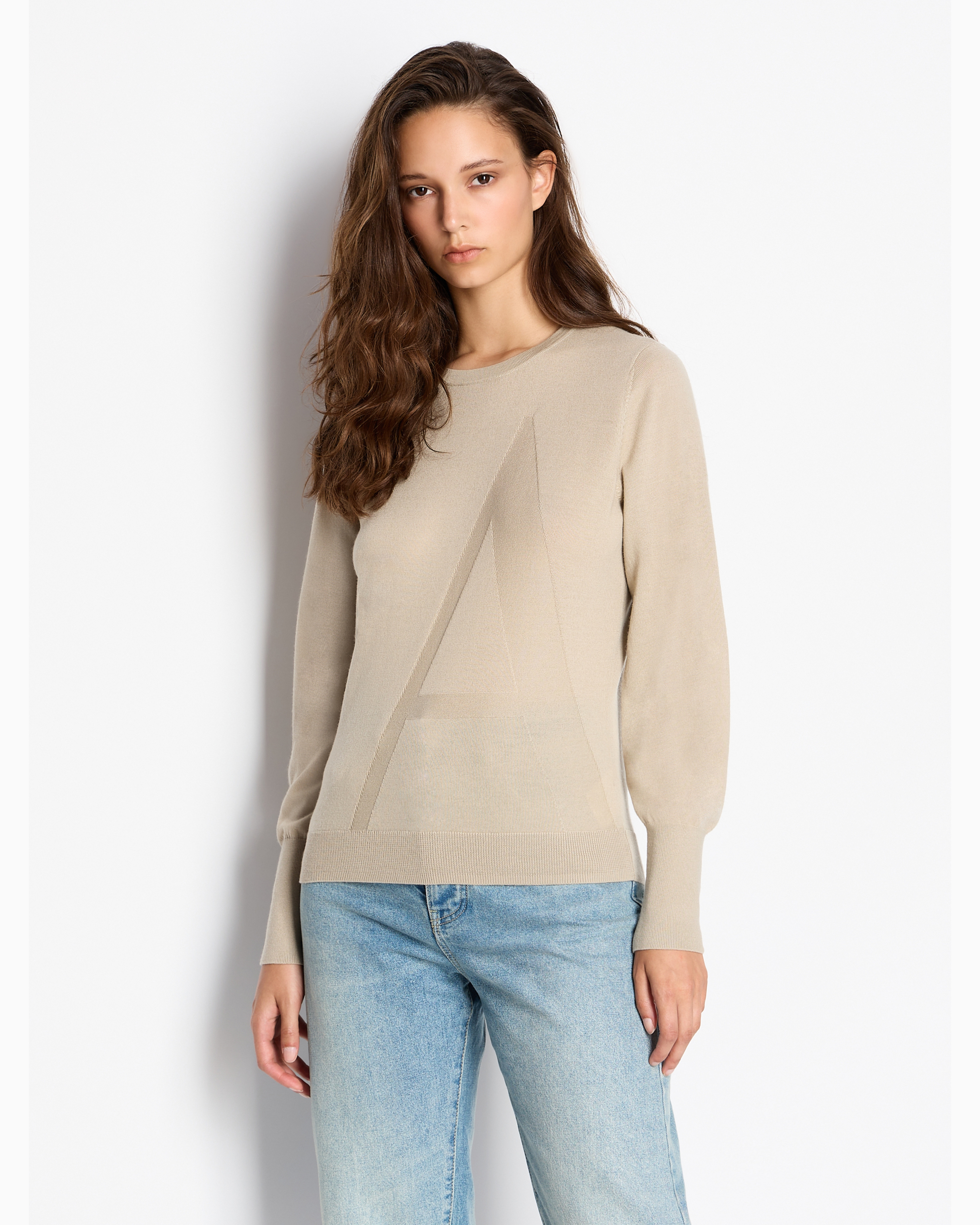 Shop Armani Exchange Sweater With Wide Sleeves And Jacquard A-line Logo In Beige