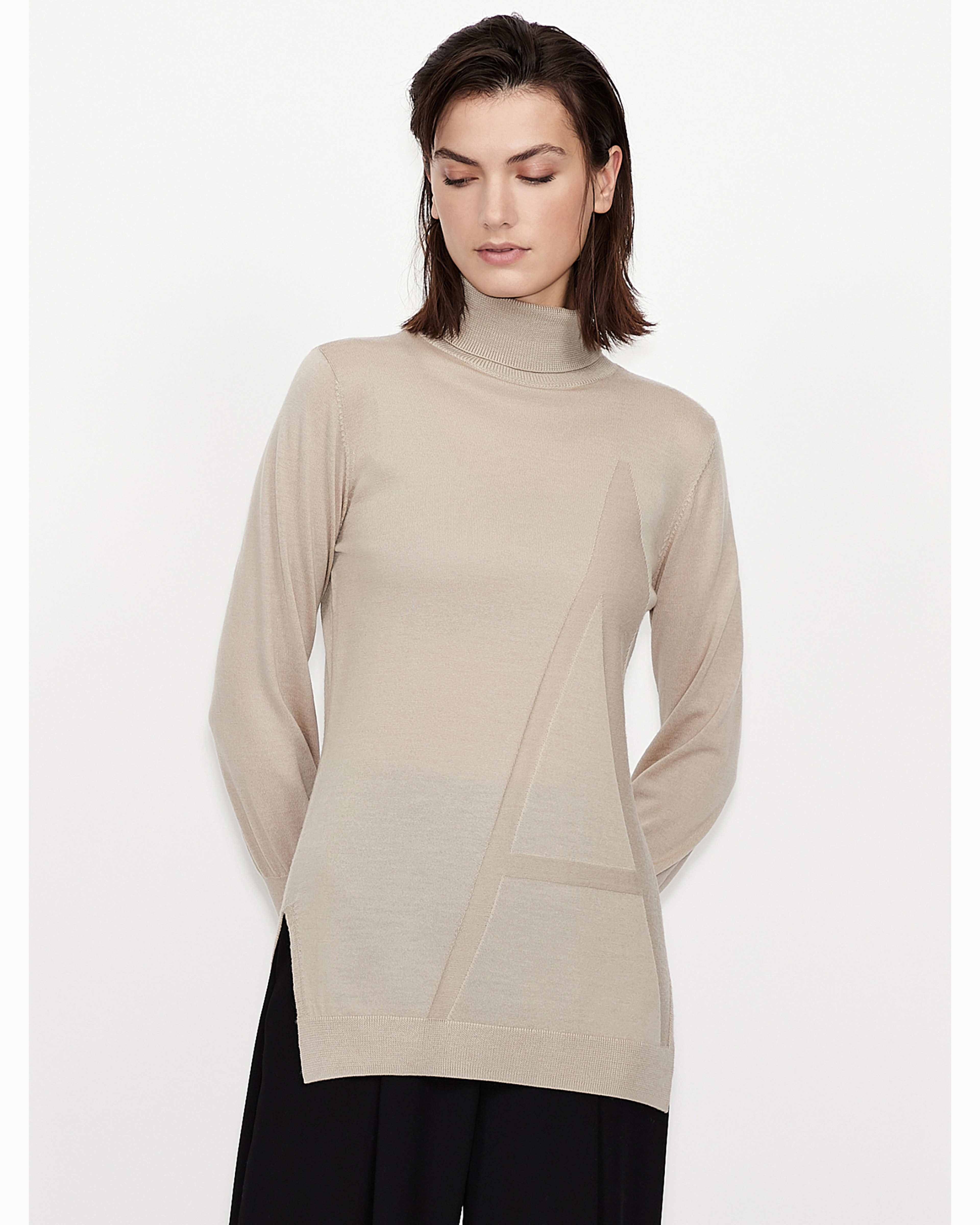 Shop Armani Exchange A-line Jacquard Logo Turtleneck Sweater In Beige