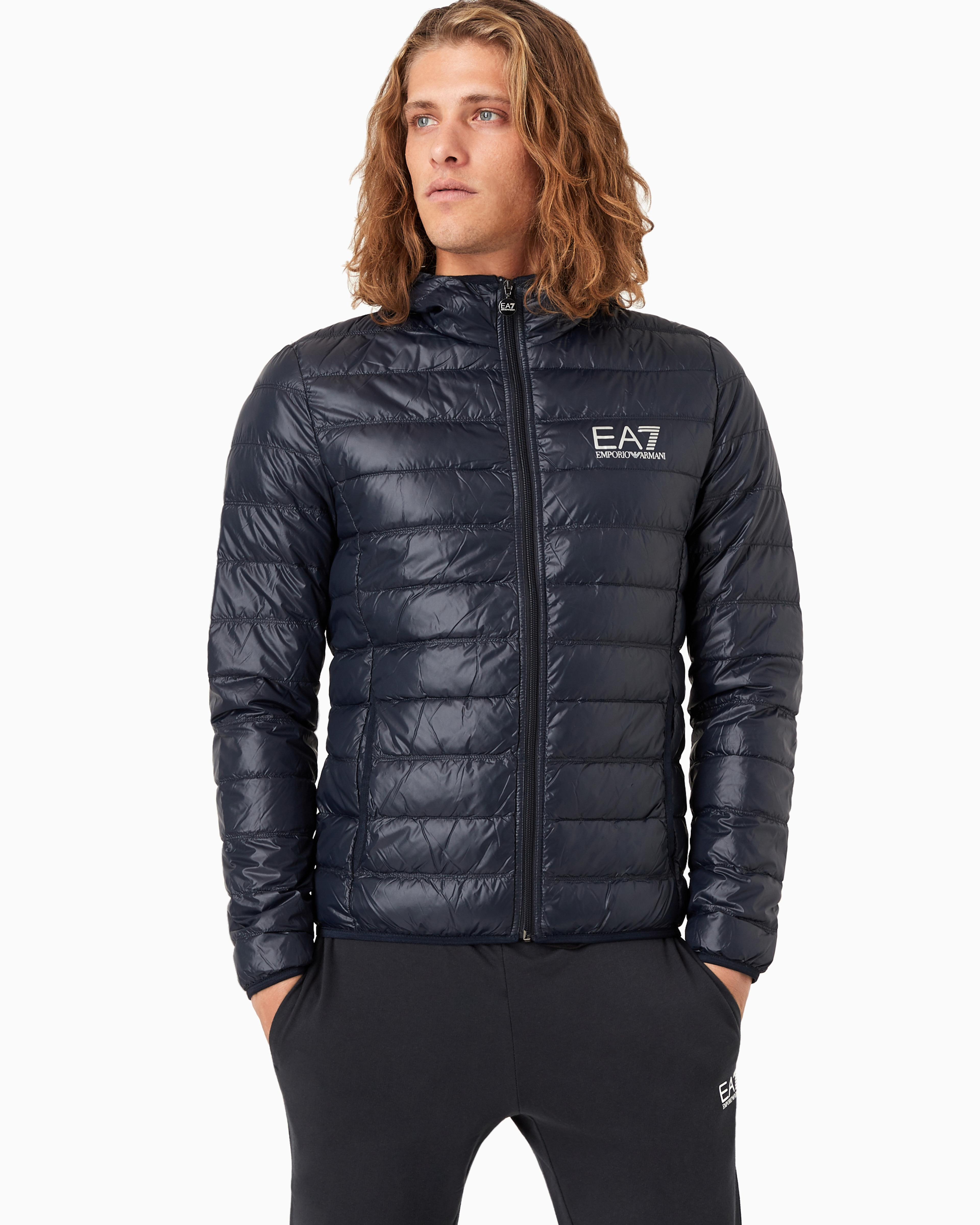 Ea7 Packable Hooded Core Identity Puffer Jacket In Blue