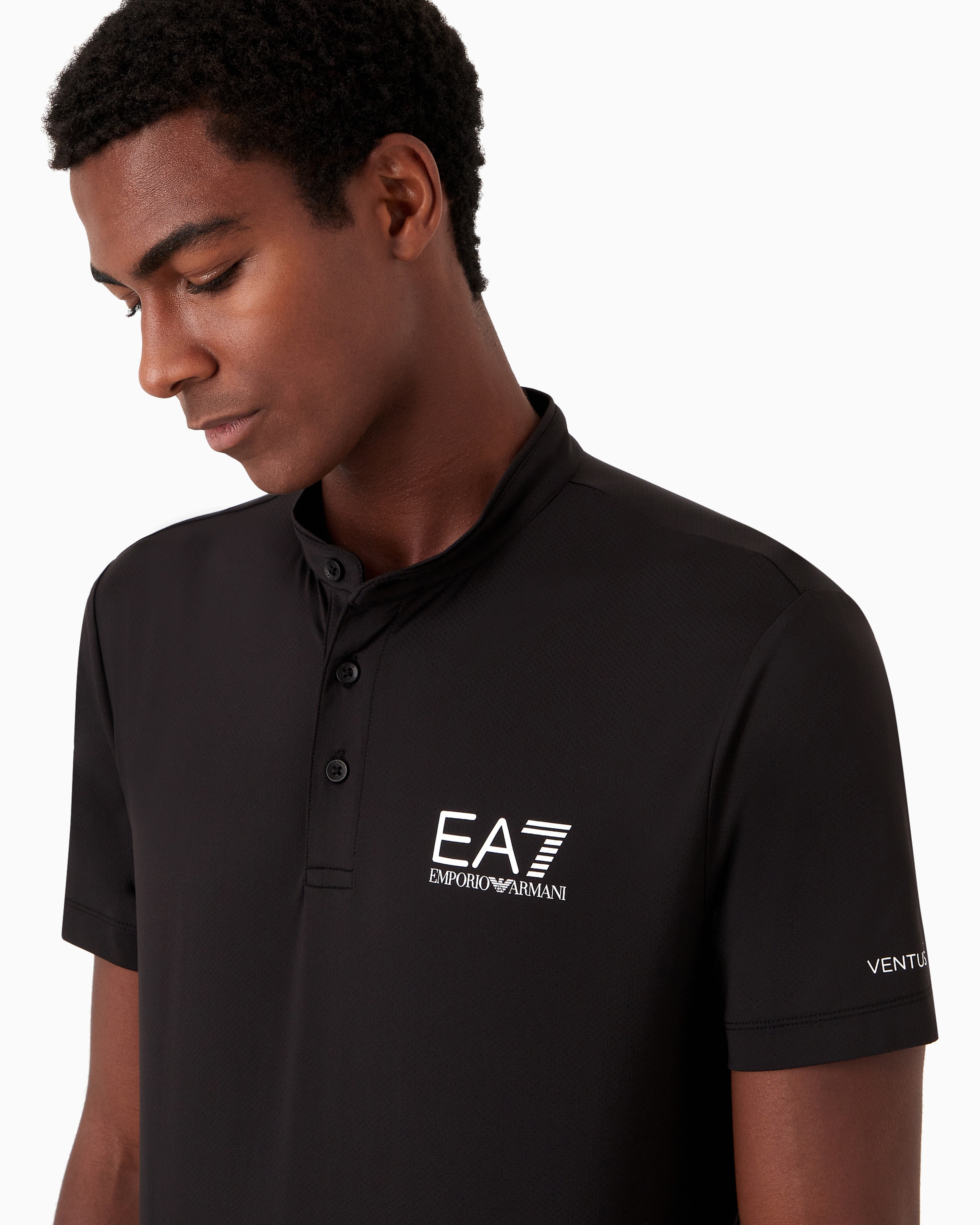 Shop Ea7 Tennis Pro Henley-collar Polo Shirt In Ventus7 Technical Fabric In Black