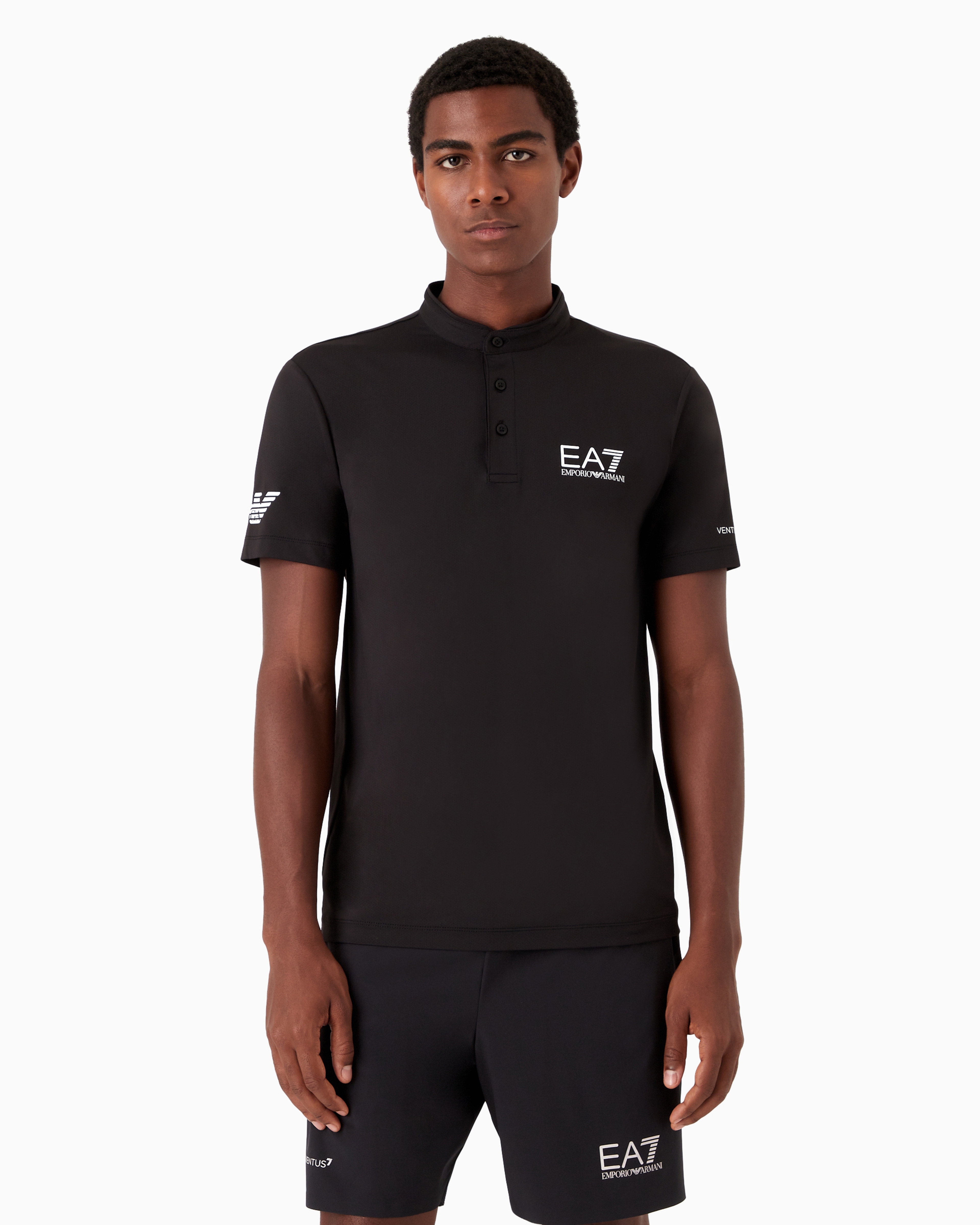 Shop Ea7 Tennis Pro Henley-collar Polo Shirt In Ventus7 Technical Fabric In Black