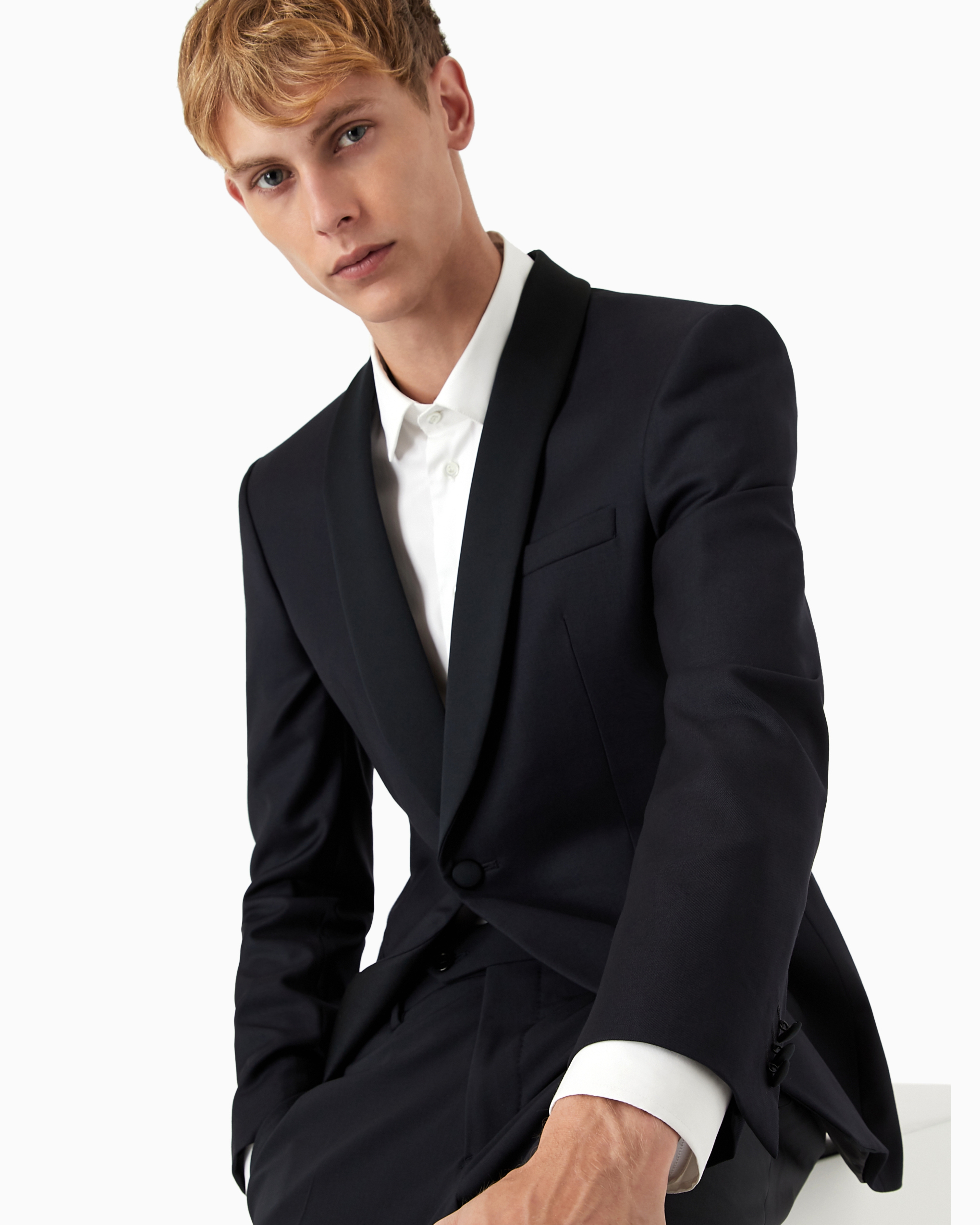 Emporio Armani Light Worsted Virgin Wool Single-breasted Jacket With Satin Shawl Lapels In Navy Blue
