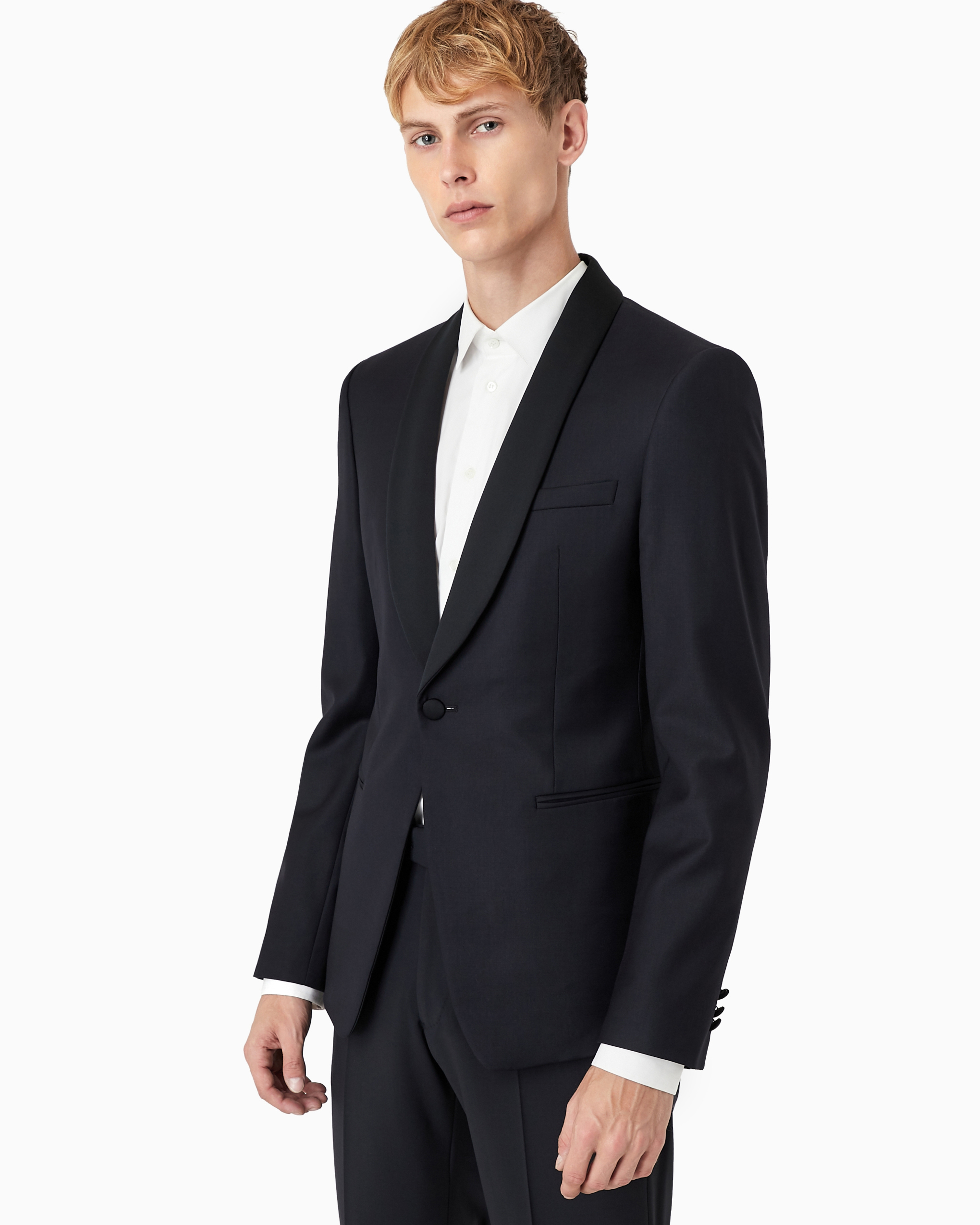 Emporio Armani Light Worsted Virgin Wool Single-breasted Jacket With Satin Shawl Lapels In Navy Blue