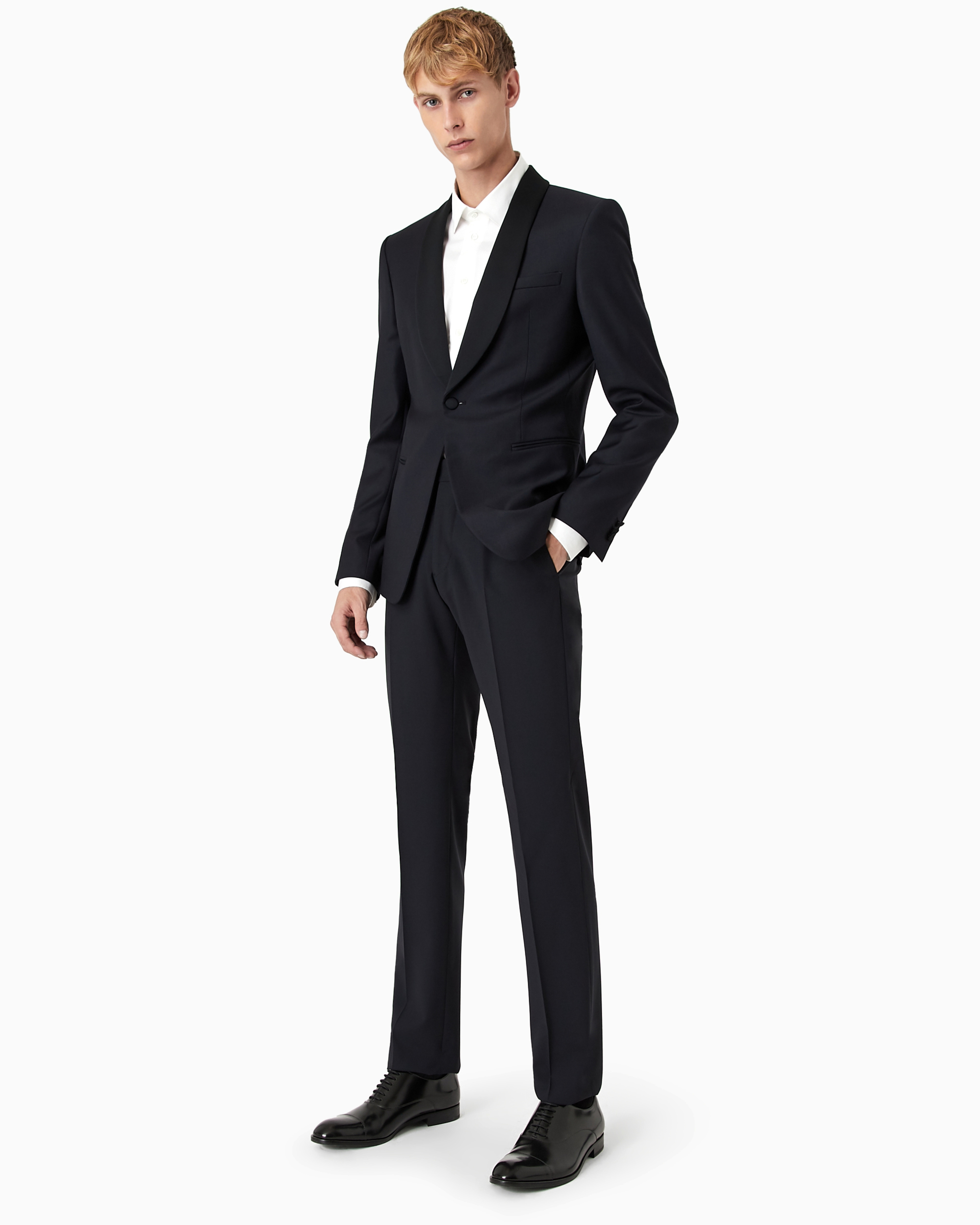 Emporio Armani Light Worsted Virgin Wool Single-breasted Jacket With Satin Shawl Lapels In Navy Blue