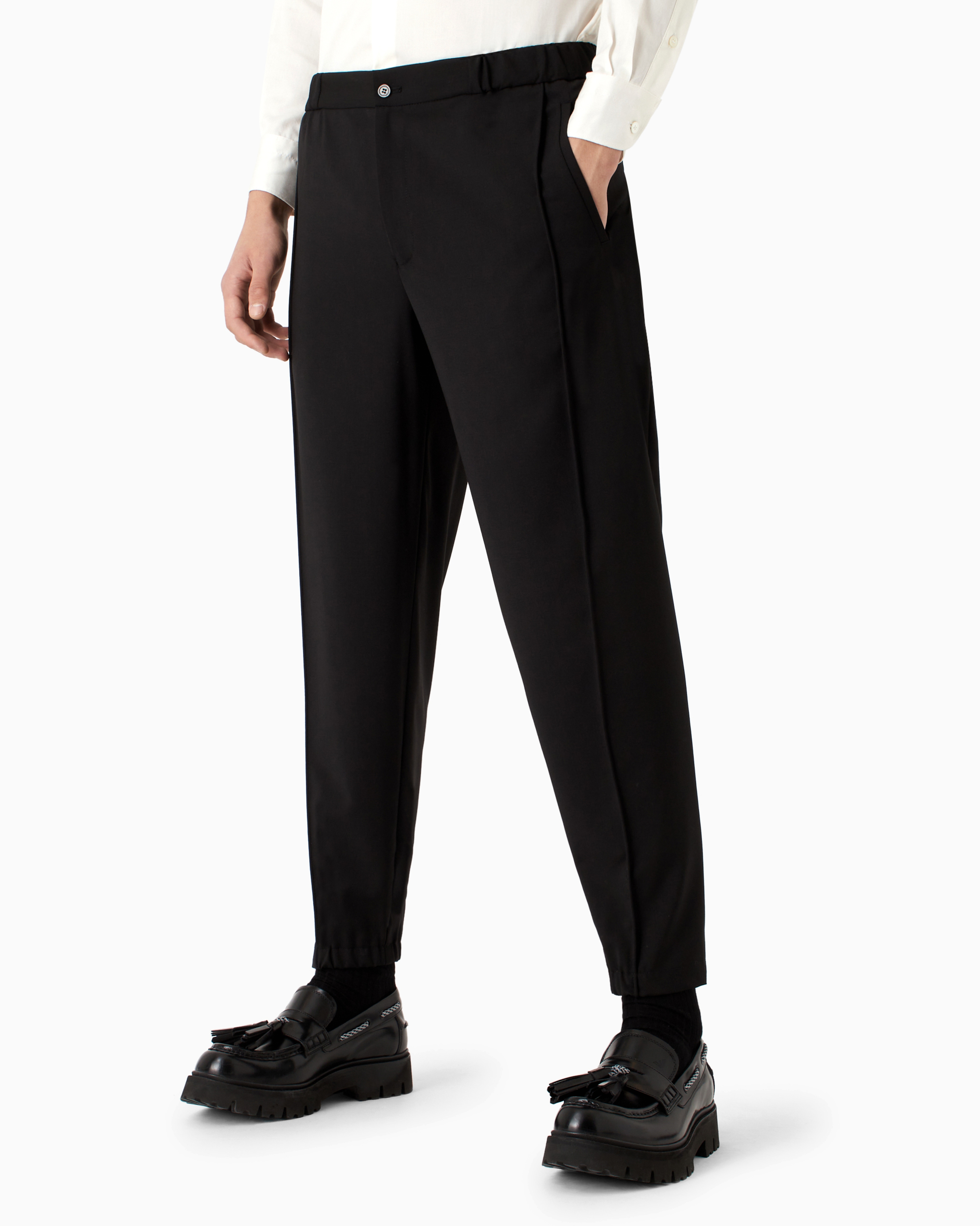 Emporio Armani Natural Stretch Canvas Trousers With Elasticated Cuffs In Black