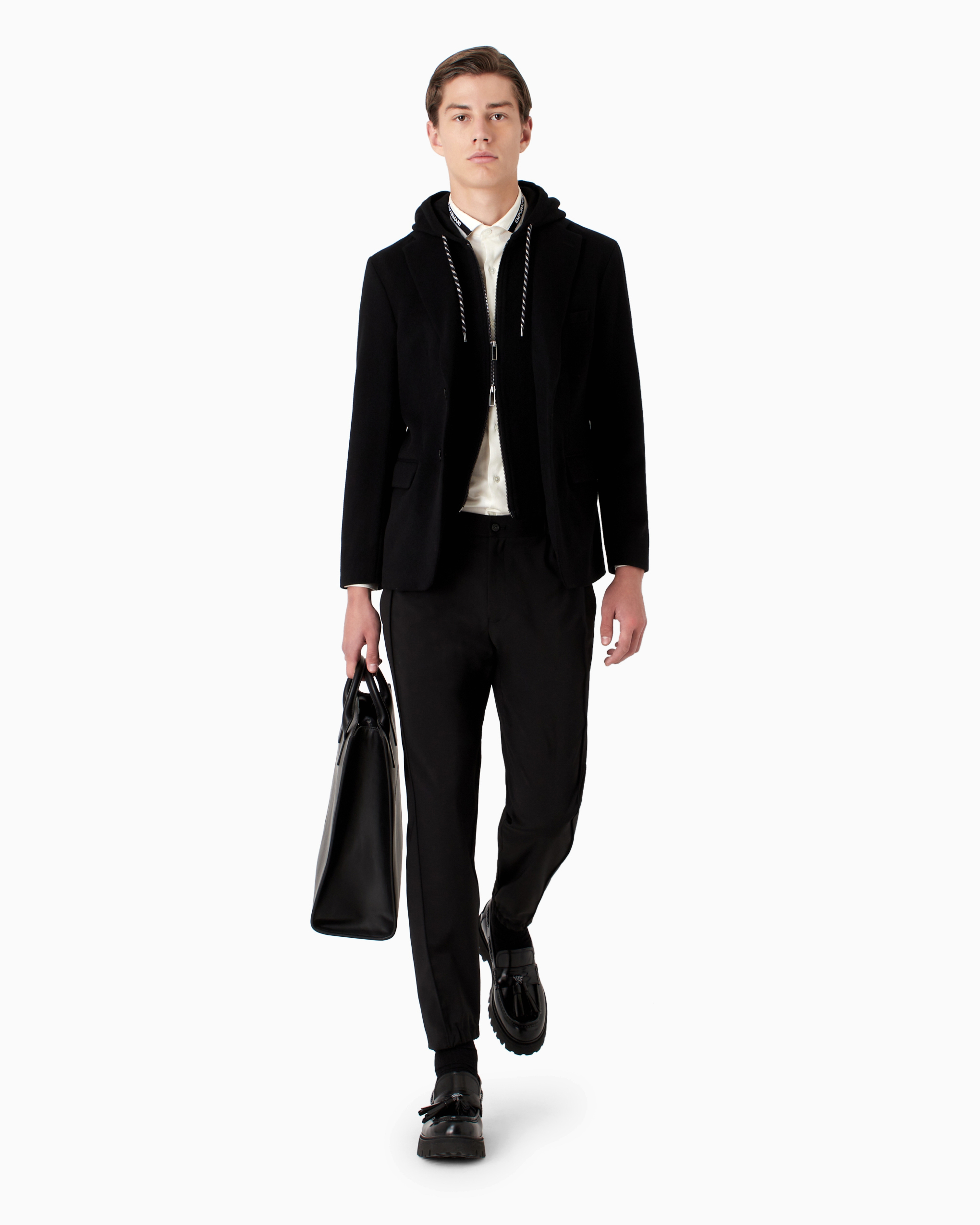 Emporio Armani Natural Stretch Canvas Trousers With Elasticated Cuffs In Black