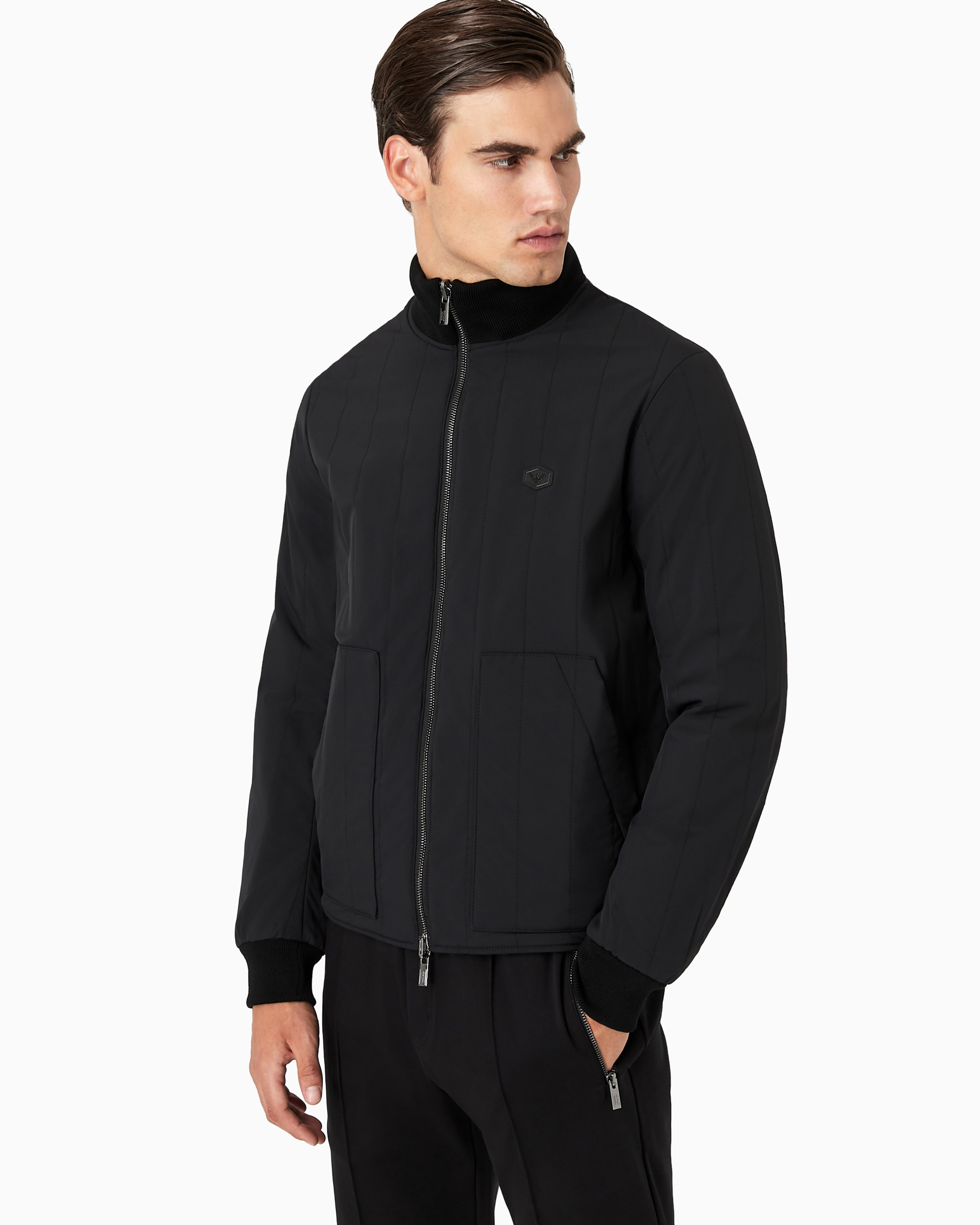 Emporio Armani Quilted Nylon And Knit Reversible Blouson With Logo Patch In Black