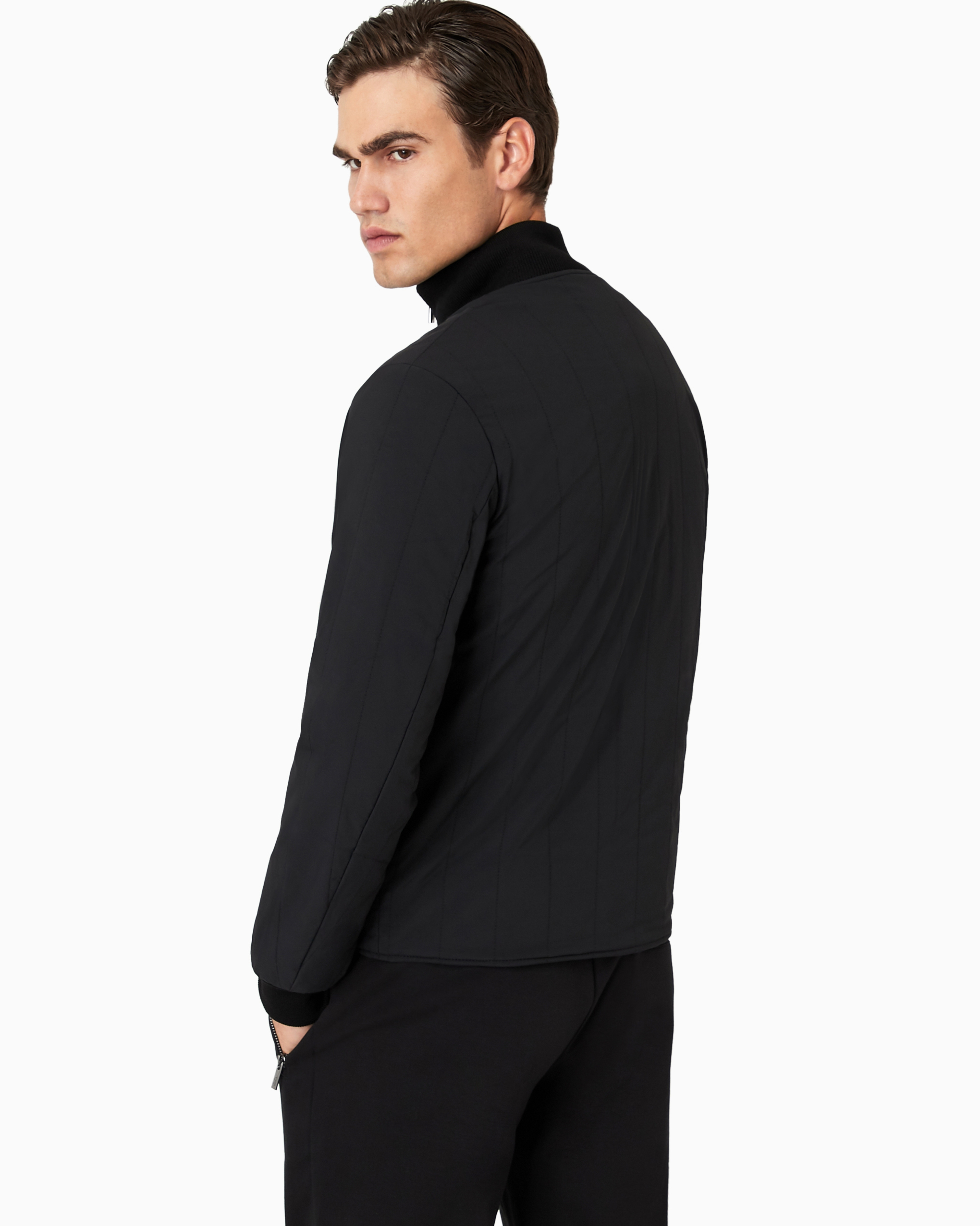 Emporio Armani Quilted Nylon And Knit Reversible Blouson With Logo Patch In Black